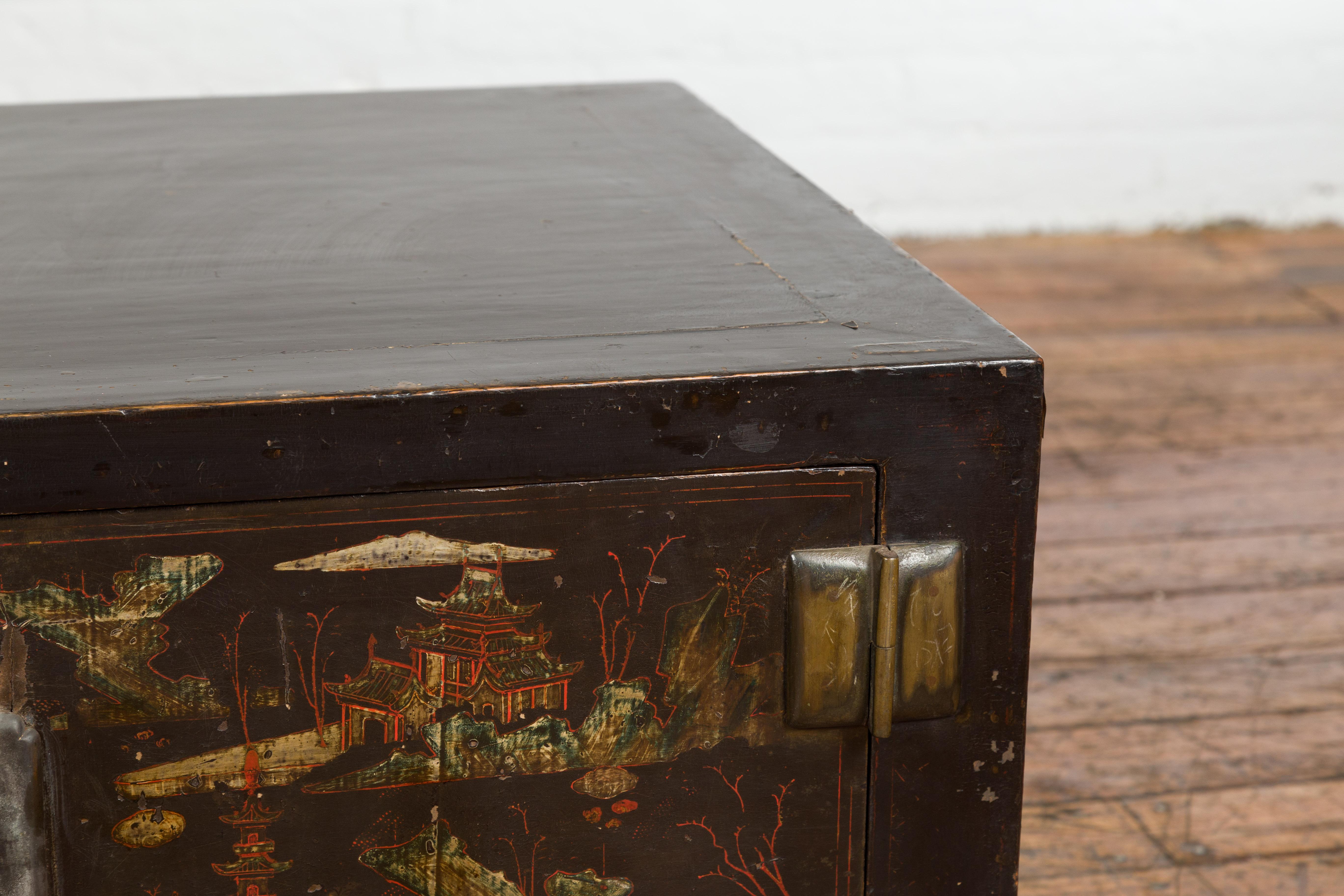 Chinese Late Qing Dynasty Dark Lacquer Low Cabinet with Architecture Motifs For Sale 1