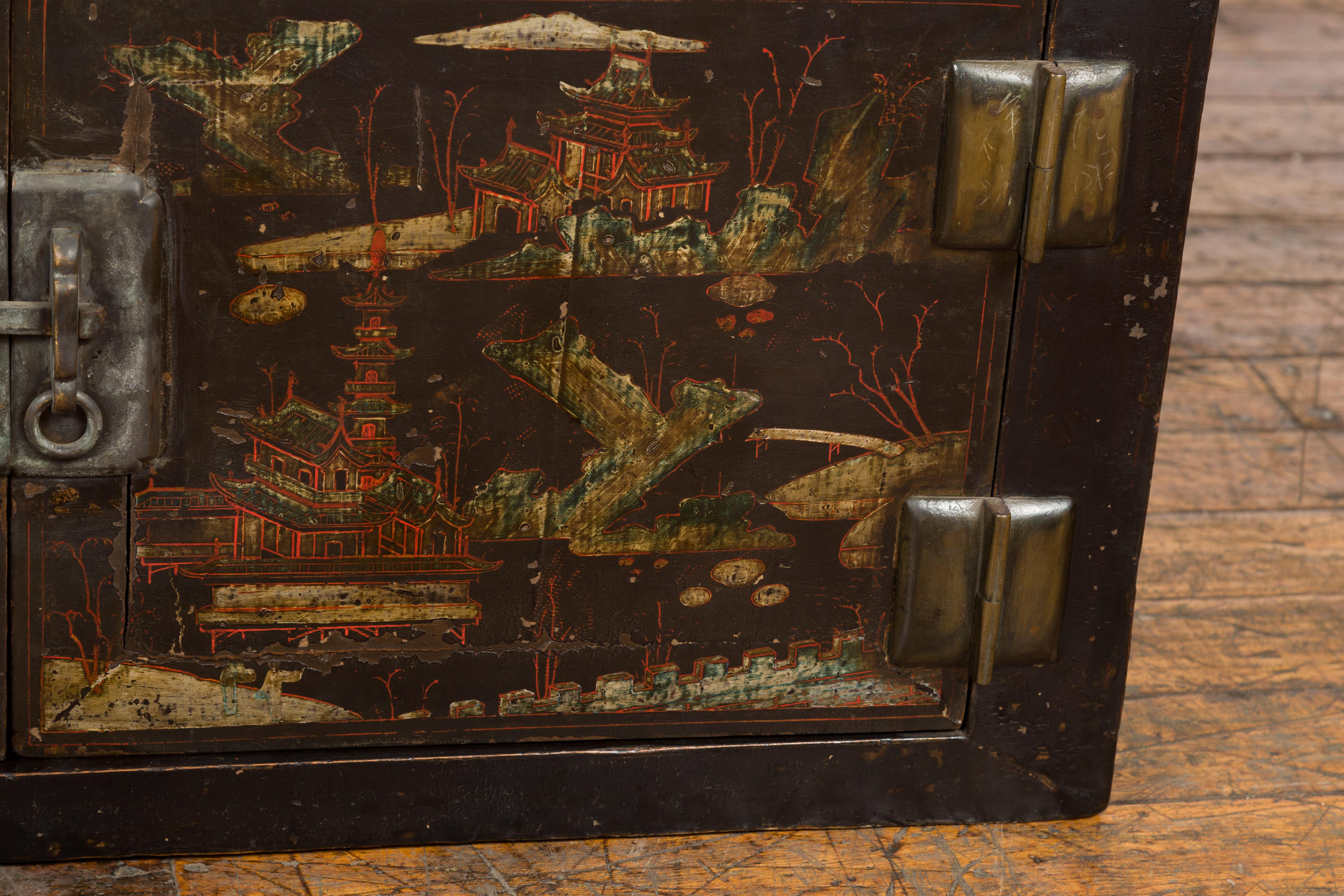 Chinese Late Qing Dynasty Dark Lacquer Low Cabinet with Architecture Motifs For Sale 3