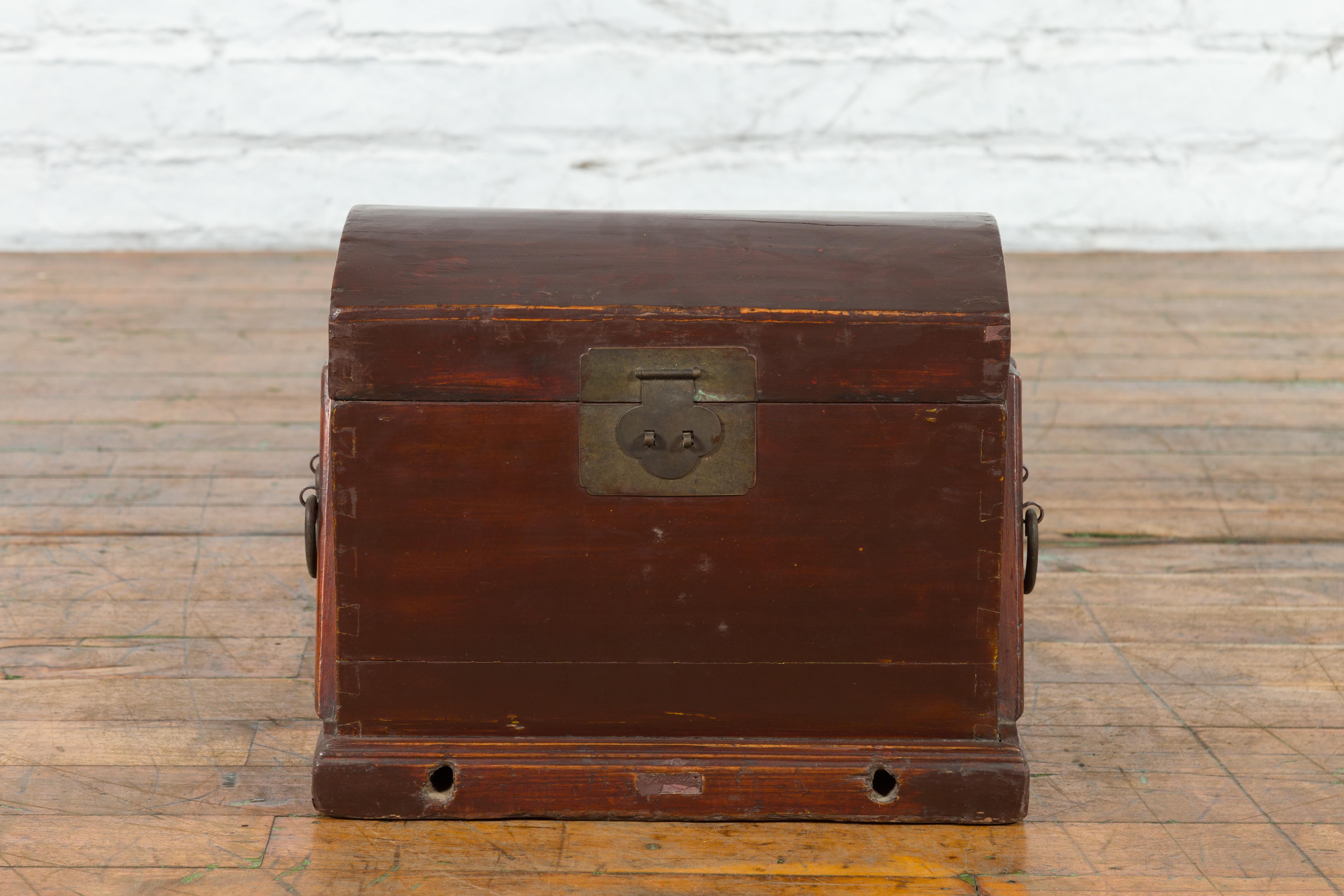 Lacquered Chinese Late Qing Dynasty Document Box with Brass Lock and Carrying Handles For Sale