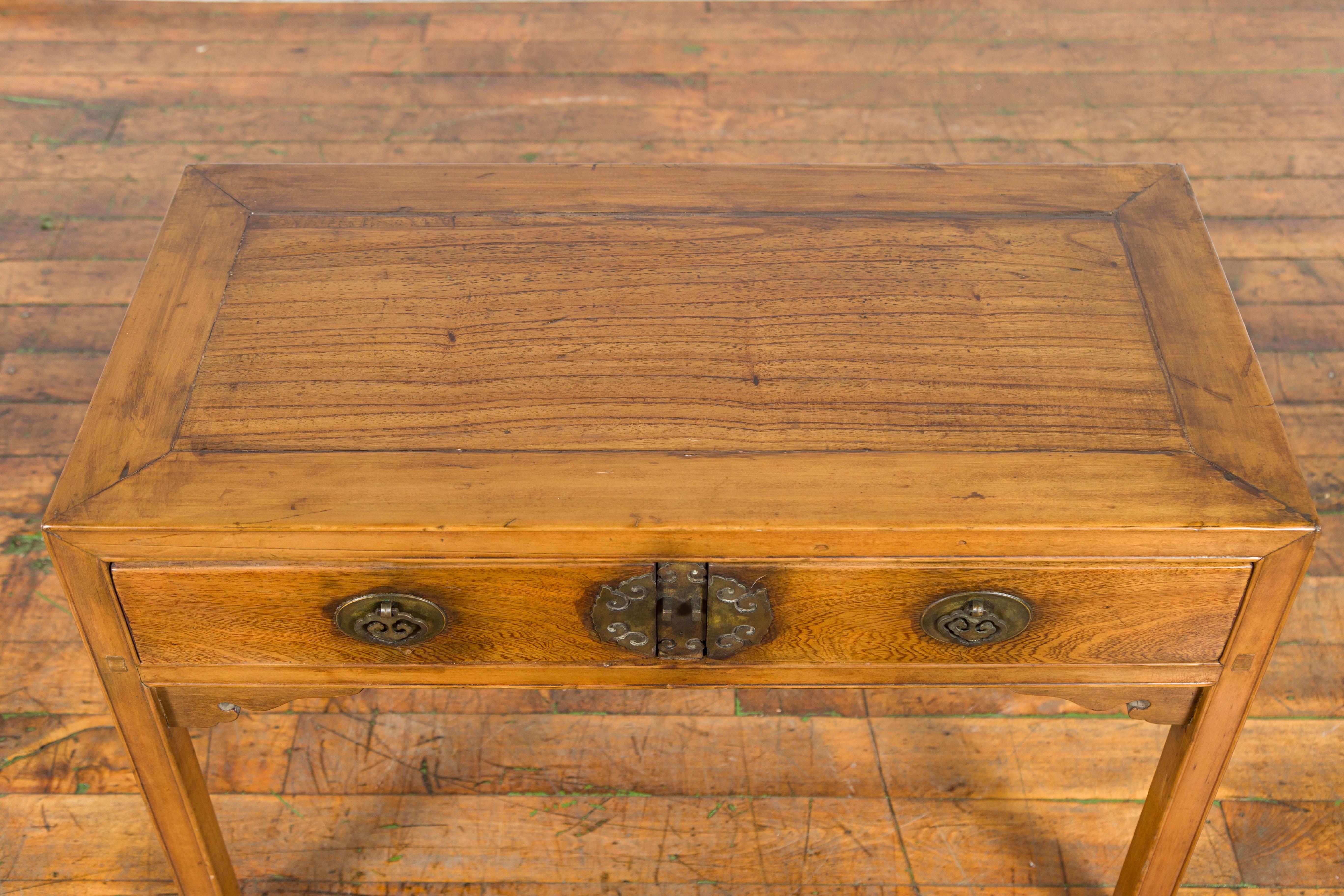 Chinese Late Qing Dynasty Elm Desk with Two Drawers and Ornate Brass Hardware For Sale 6