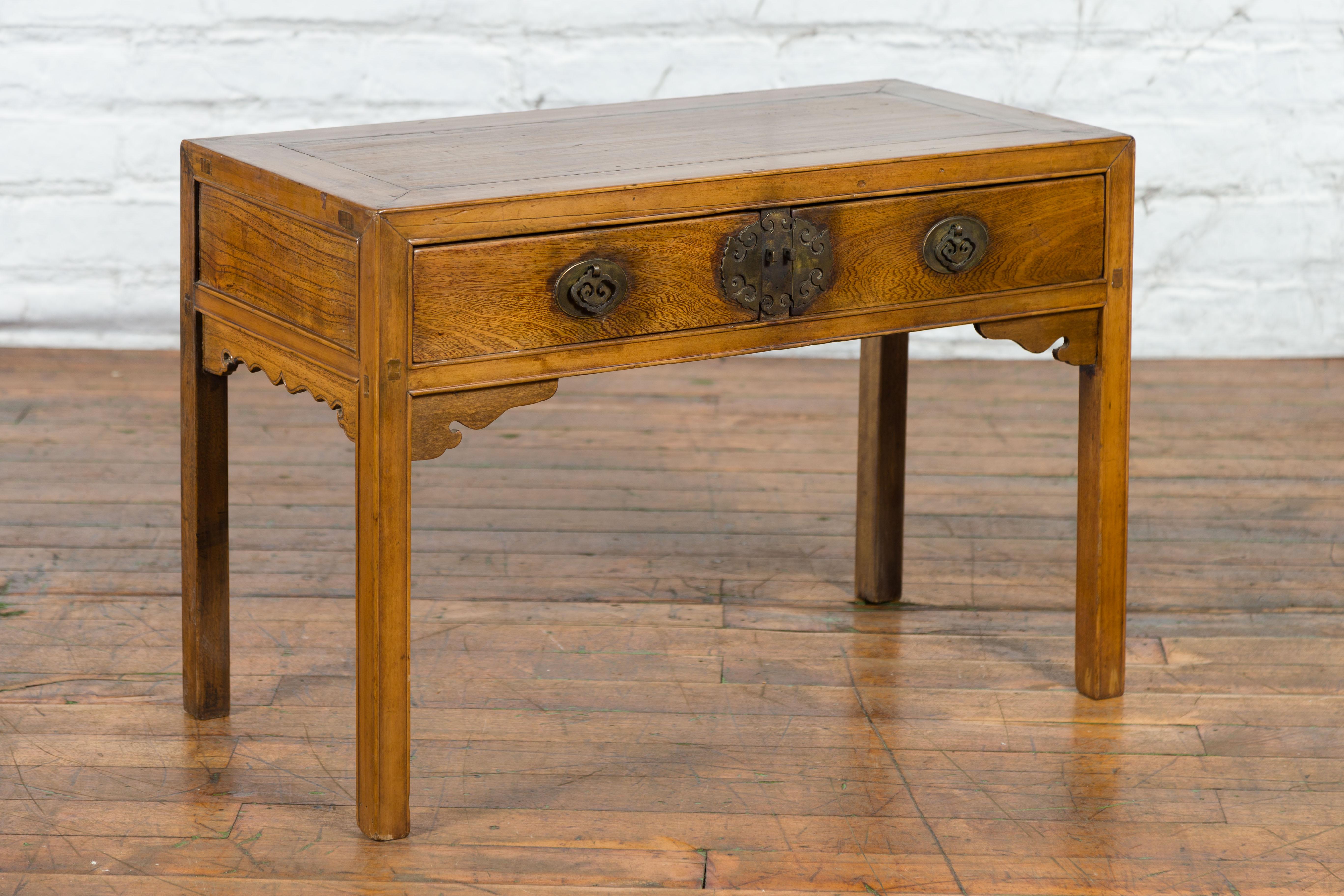 Chinese Late Qing Dynasty Elm Desk with Two Drawers and Ornate Brass Hardware For Sale 9