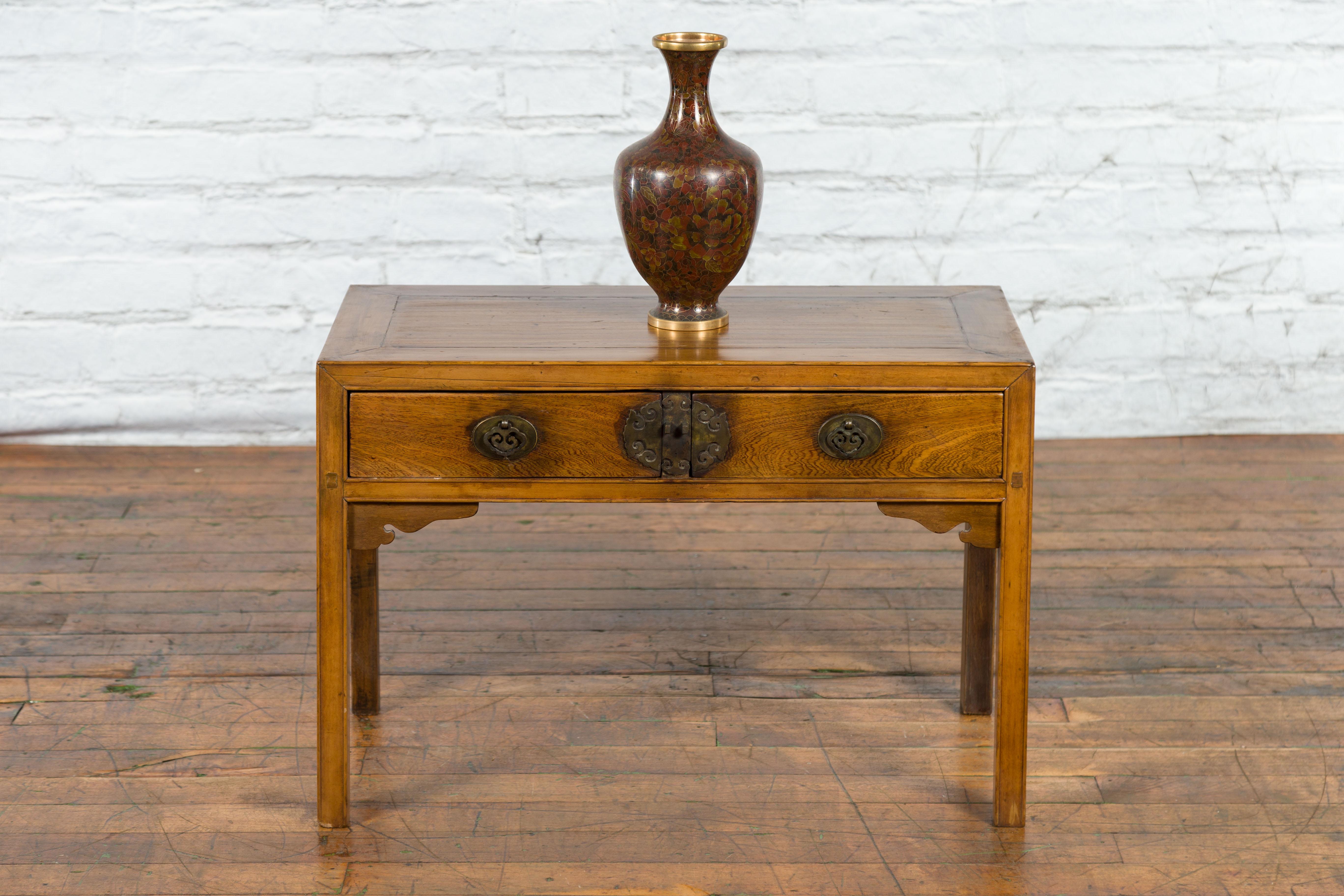 Carved Chinese Late Qing Dynasty Elm Desk with Two Drawers and Ornate Brass Hardware For Sale