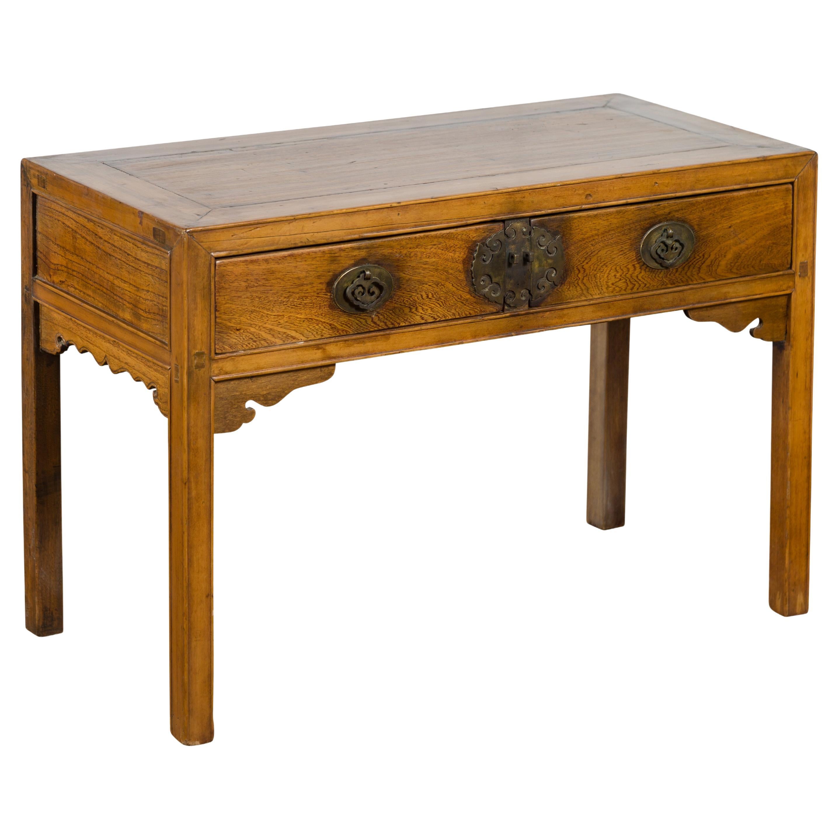 Chinese Late Qing Dynasty Elm Desk with Two Drawers and Ornate Brass Hardware For Sale