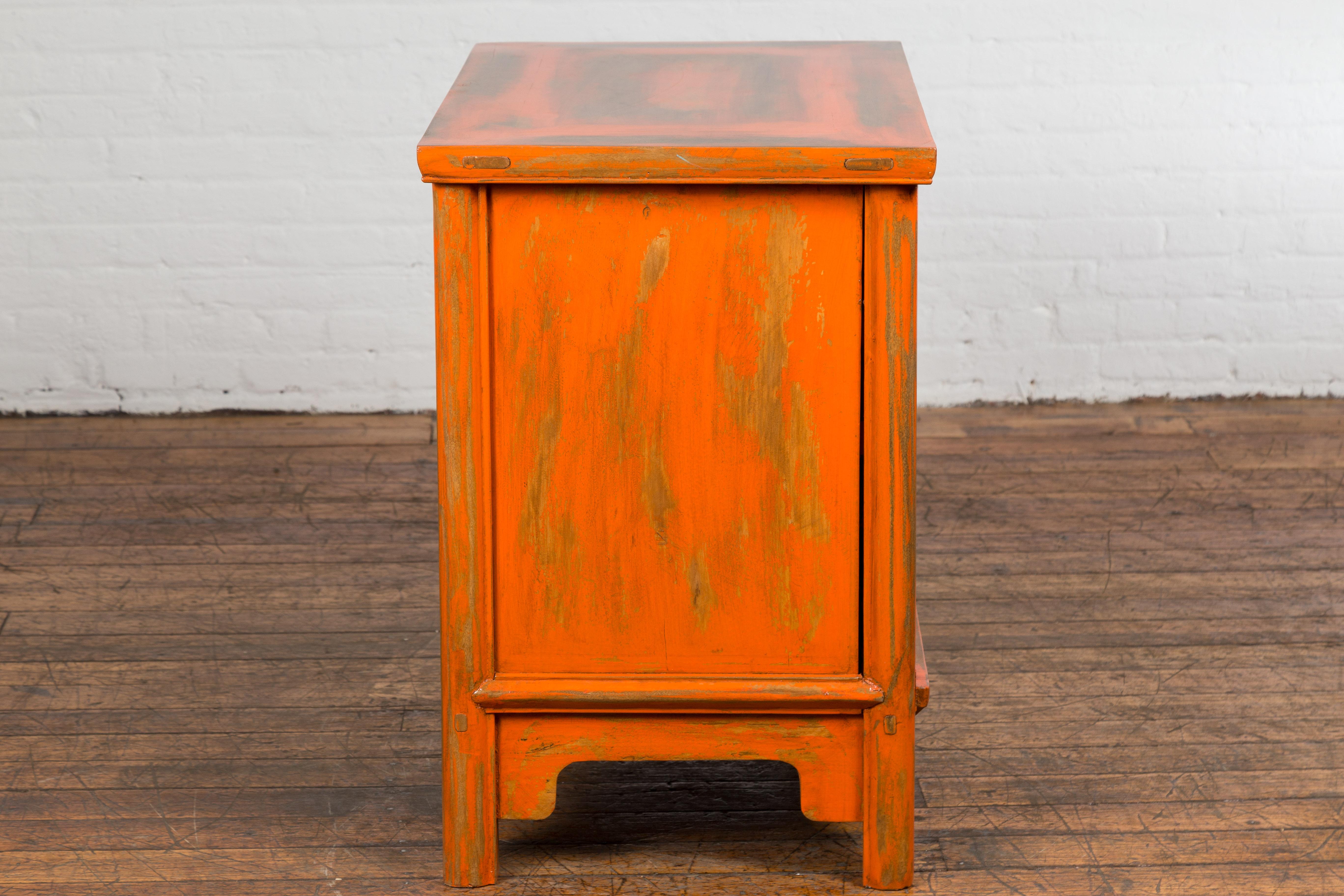 Chinese Late Qing Dynasty Elm Side Cabinet with Custom Orange Lacquer For Sale 7
