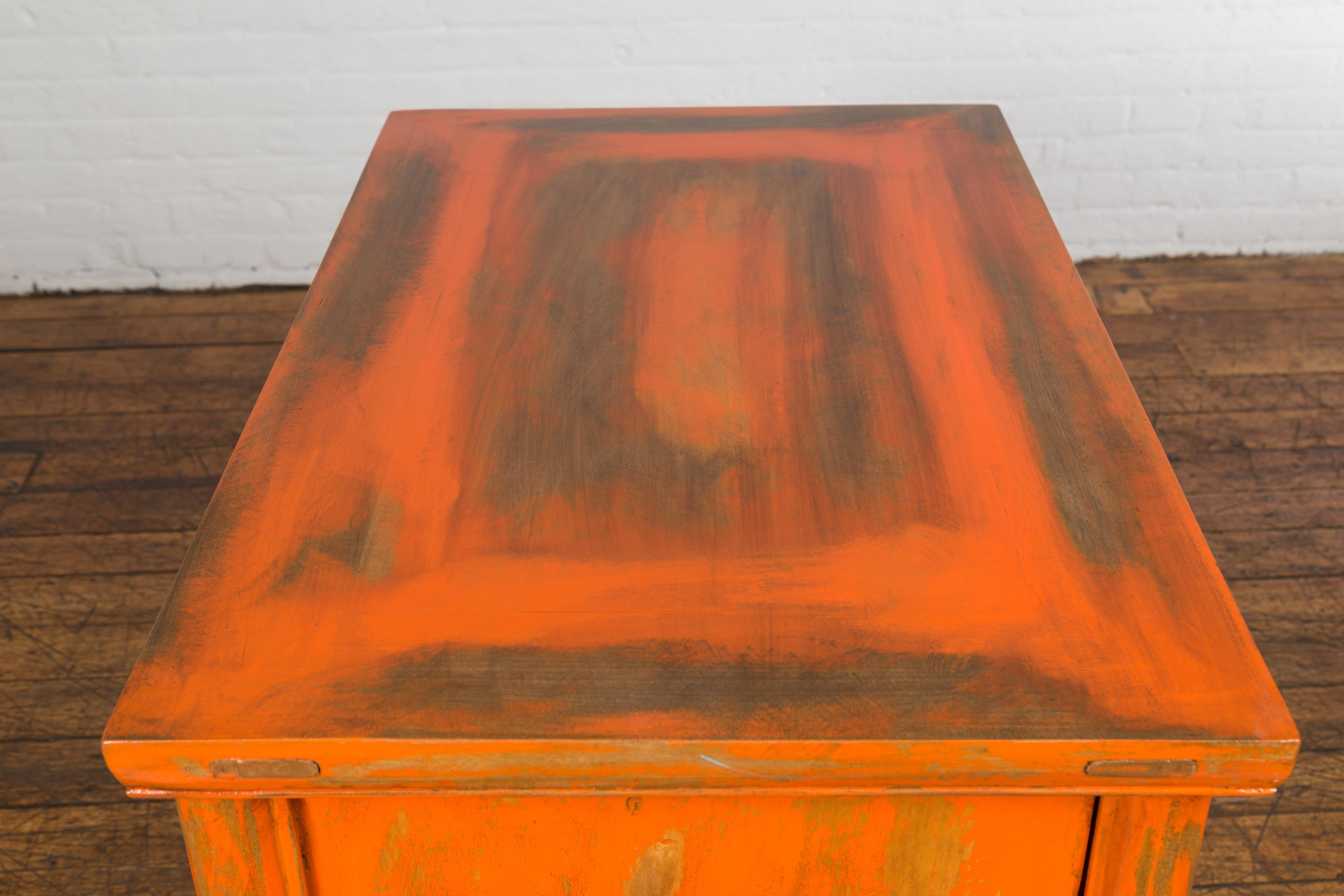 Chinese Late Qing Dynasty Elm Side Cabinet with Custom Orange Lacquer For Sale 8
