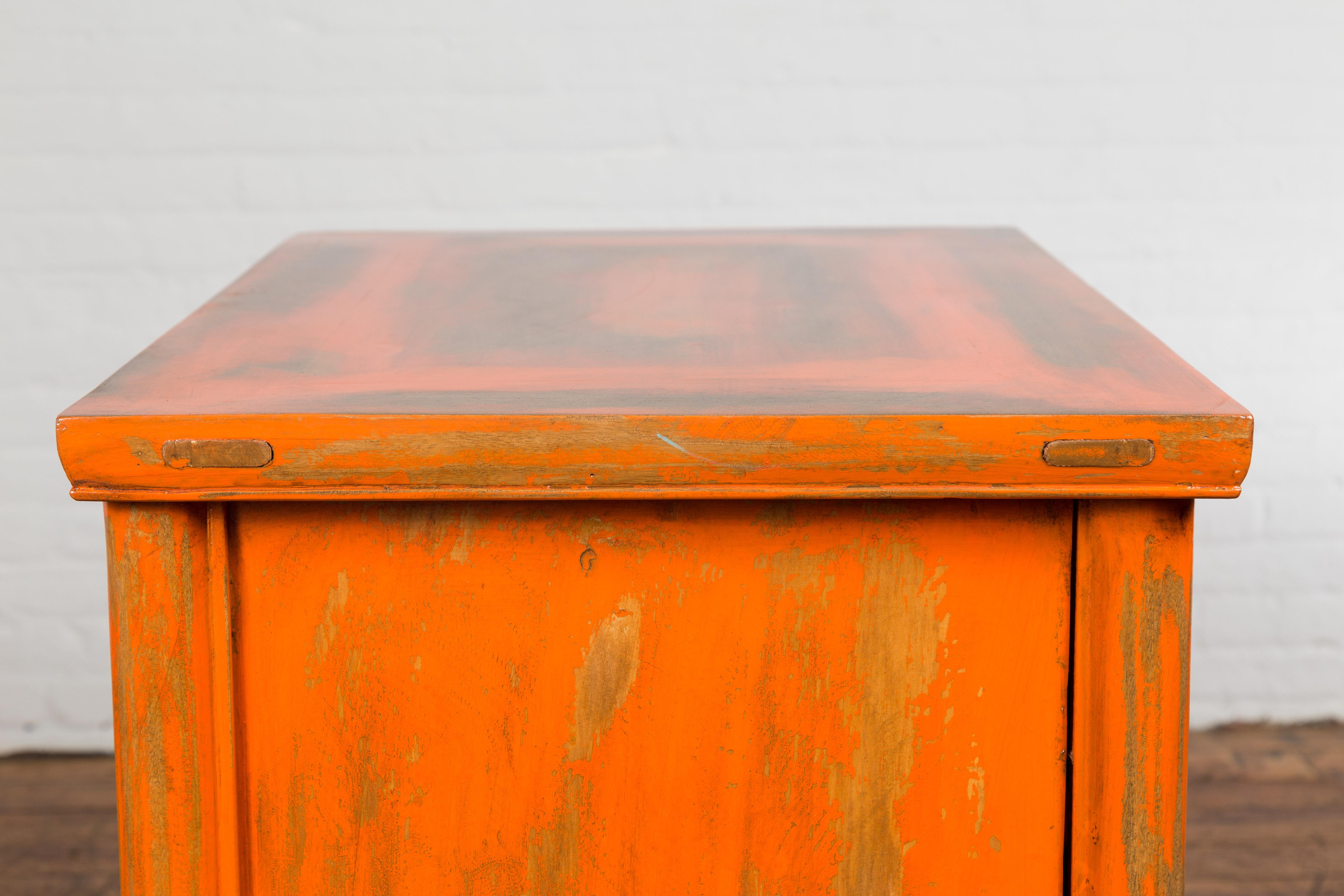 Chinese Late Qing Dynasty Elm Side Cabinet with Custom Orange Lacquer For Sale 9