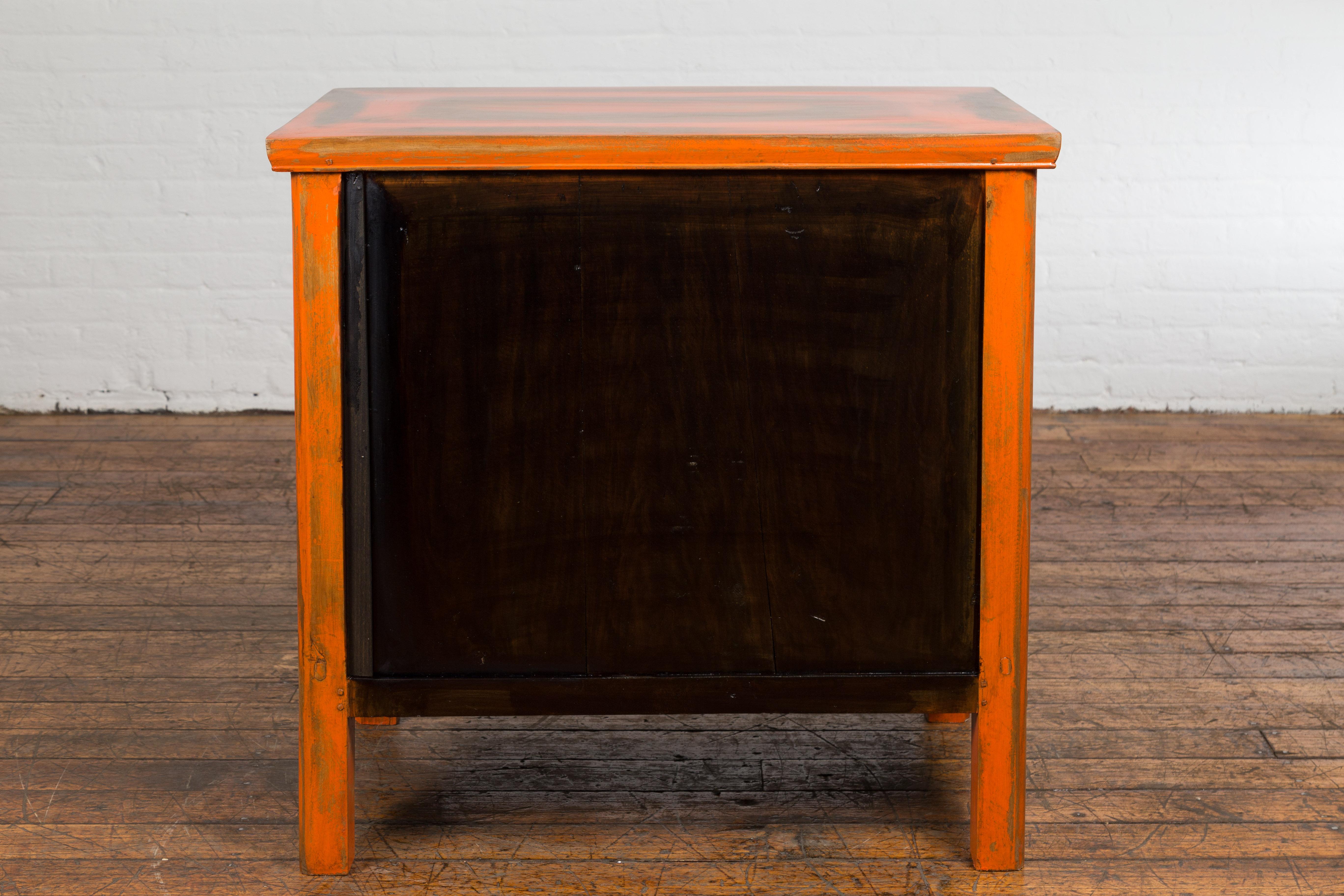 Chinese Late Qing Dynasty Elm Side Cabinet with Custom Orange Lacquer For Sale 11