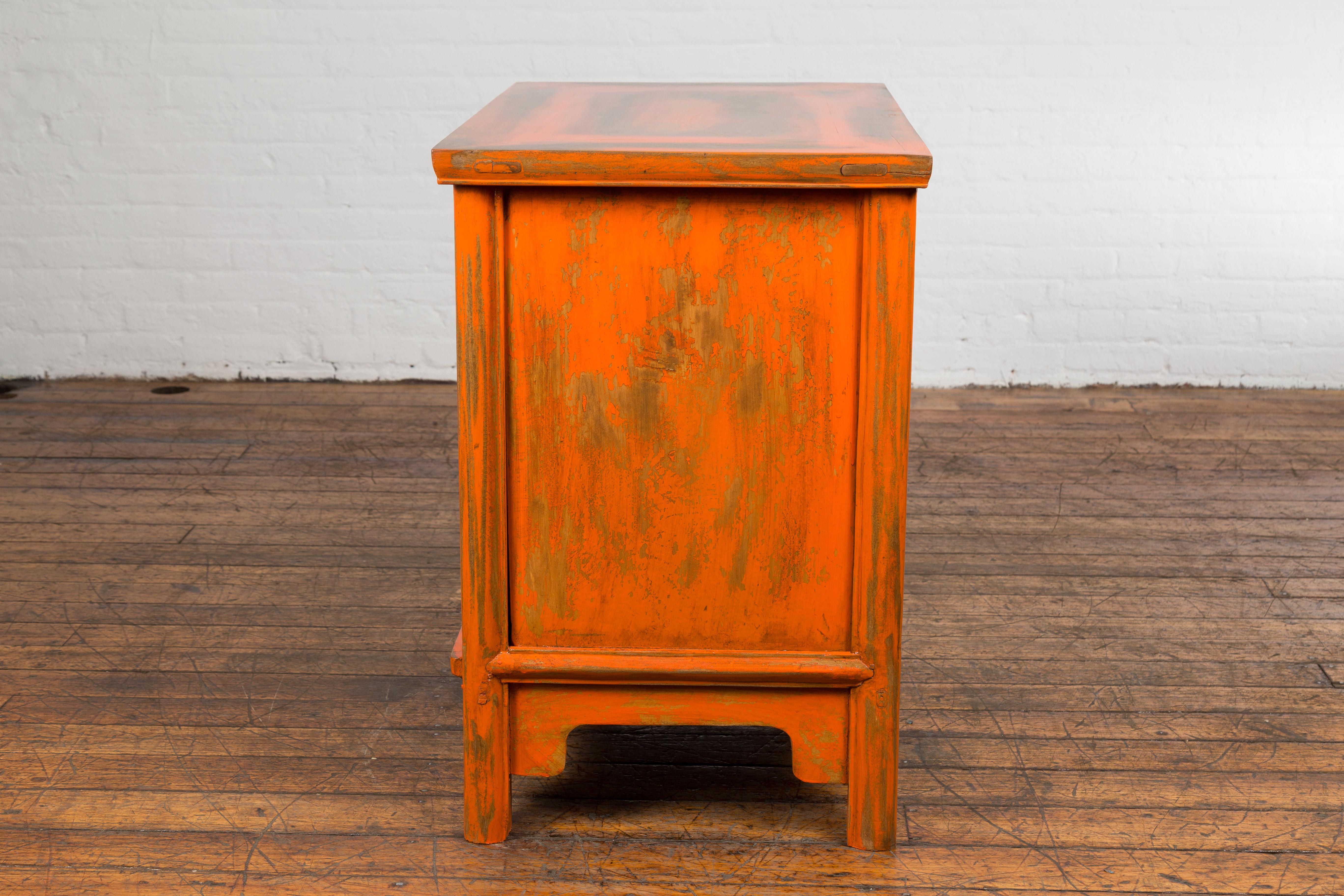 Chinese Late Qing Dynasty Elm Side Cabinet with Custom Orange Lacquer For Sale 12