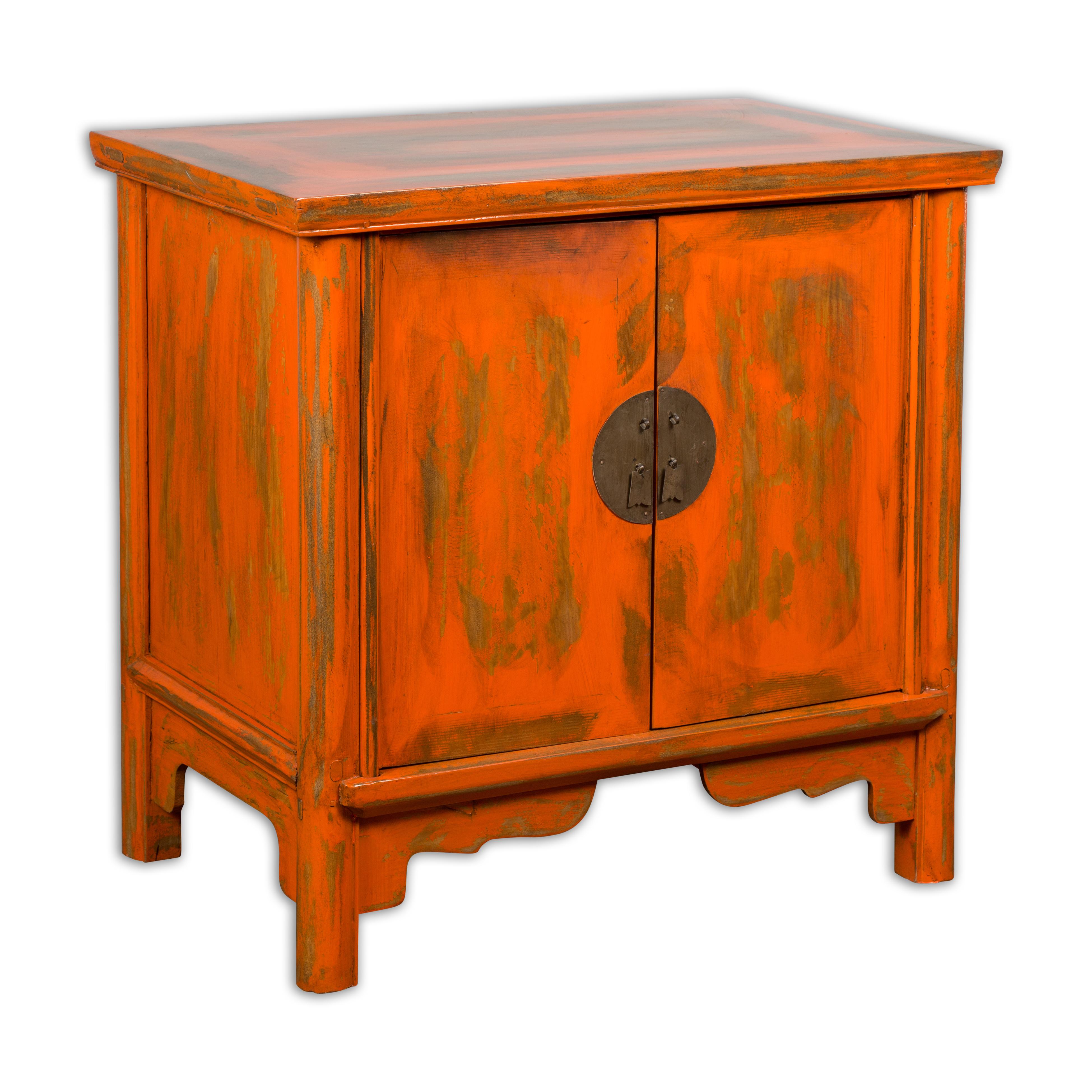 Chinese Late Qing Dynasty Elm Side Cabinet with Custom Orange Lacquer For Sale 13