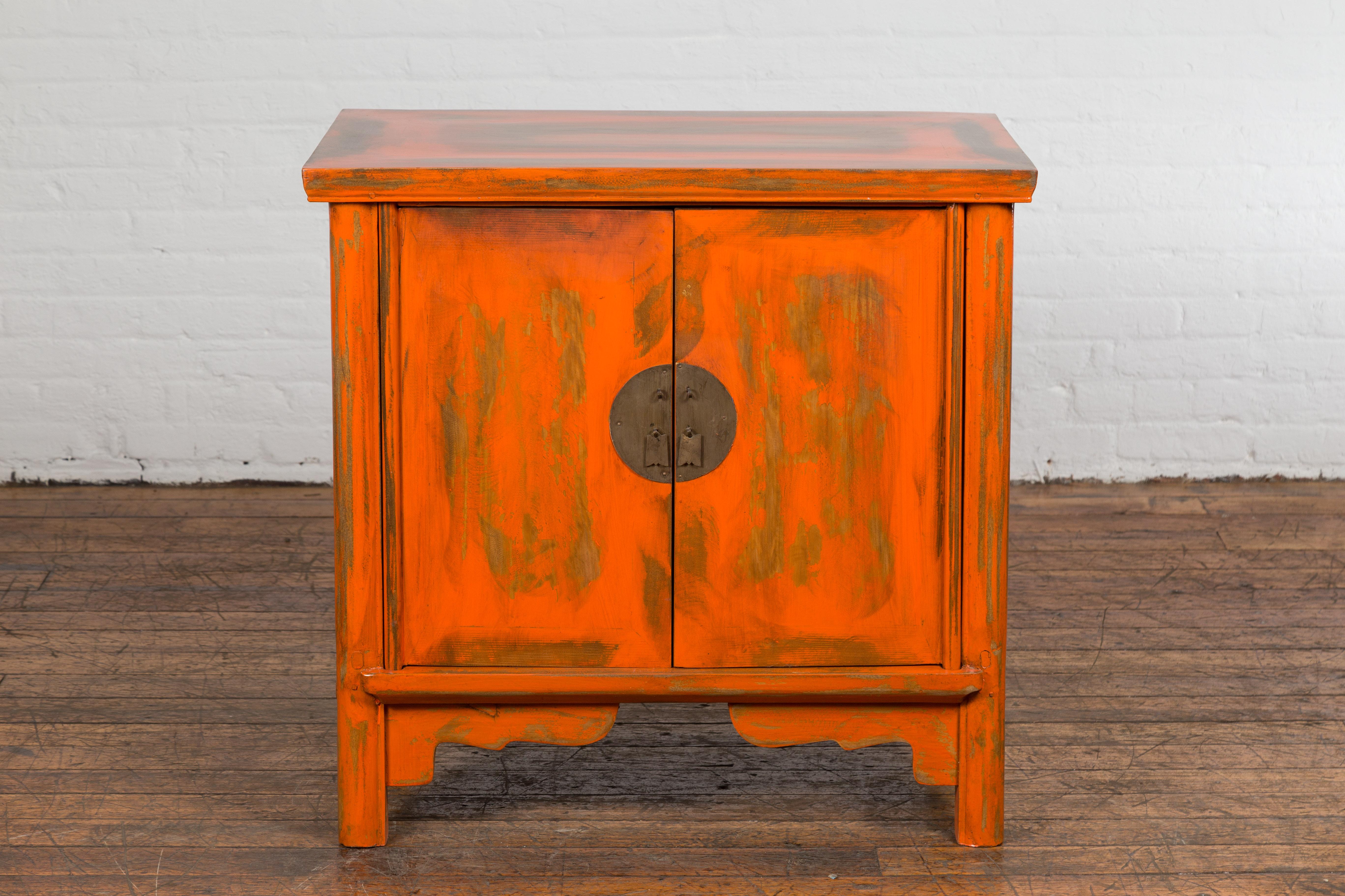 Carved Chinese Late Qing Dynasty Elm Side Cabinet with Custom Orange Lacquer For Sale