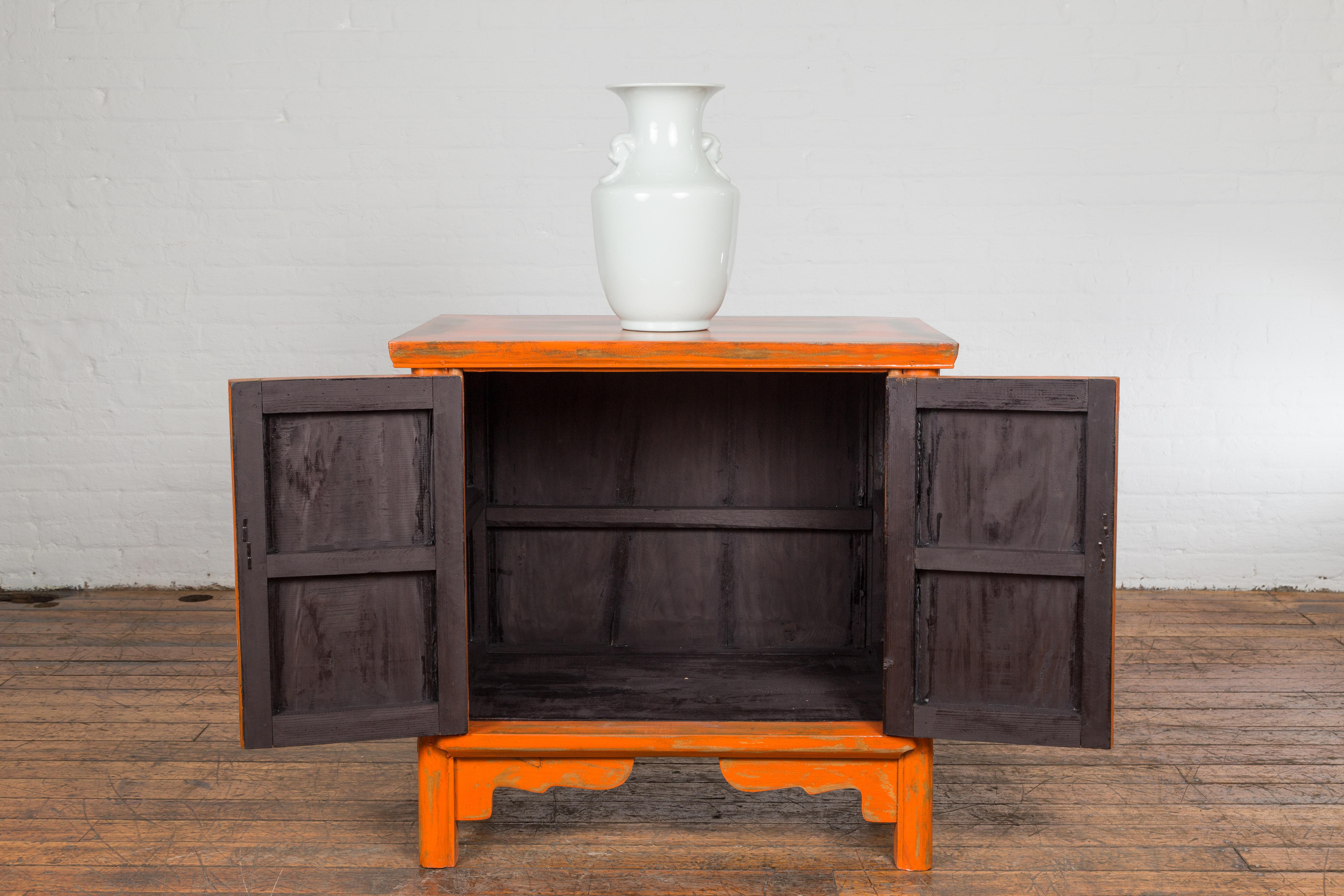 Chinese Late Qing Dynasty Elm Side Cabinet with Custom Orange Lacquer In Good Condition For Sale In Yonkers, NY