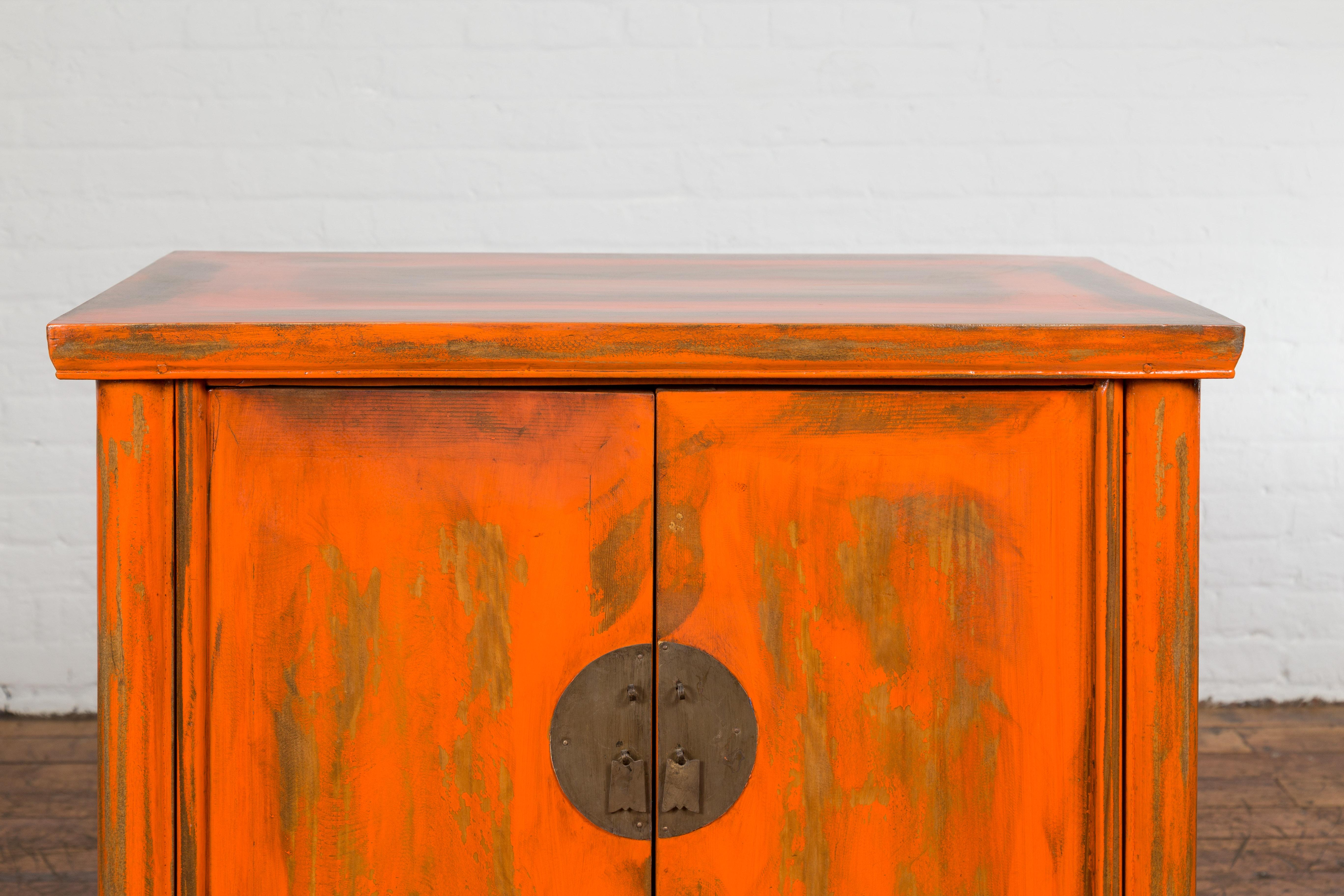 20th Century Chinese Late Qing Dynasty Elm Side Cabinet with Custom Orange Lacquer For Sale