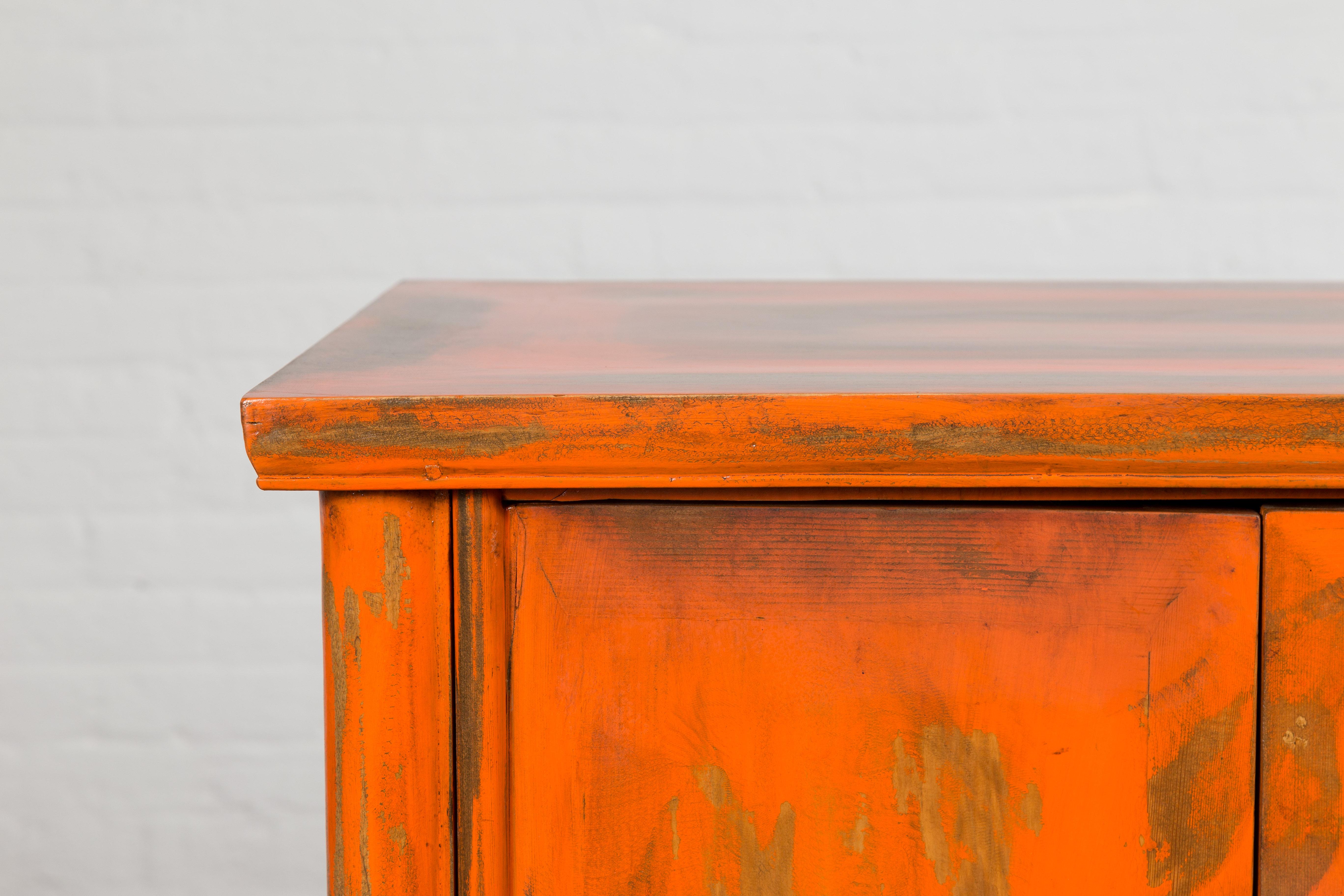 Chinese Late Qing Dynasty Elm Side Cabinet with Custom Orange Lacquer For Sale 1