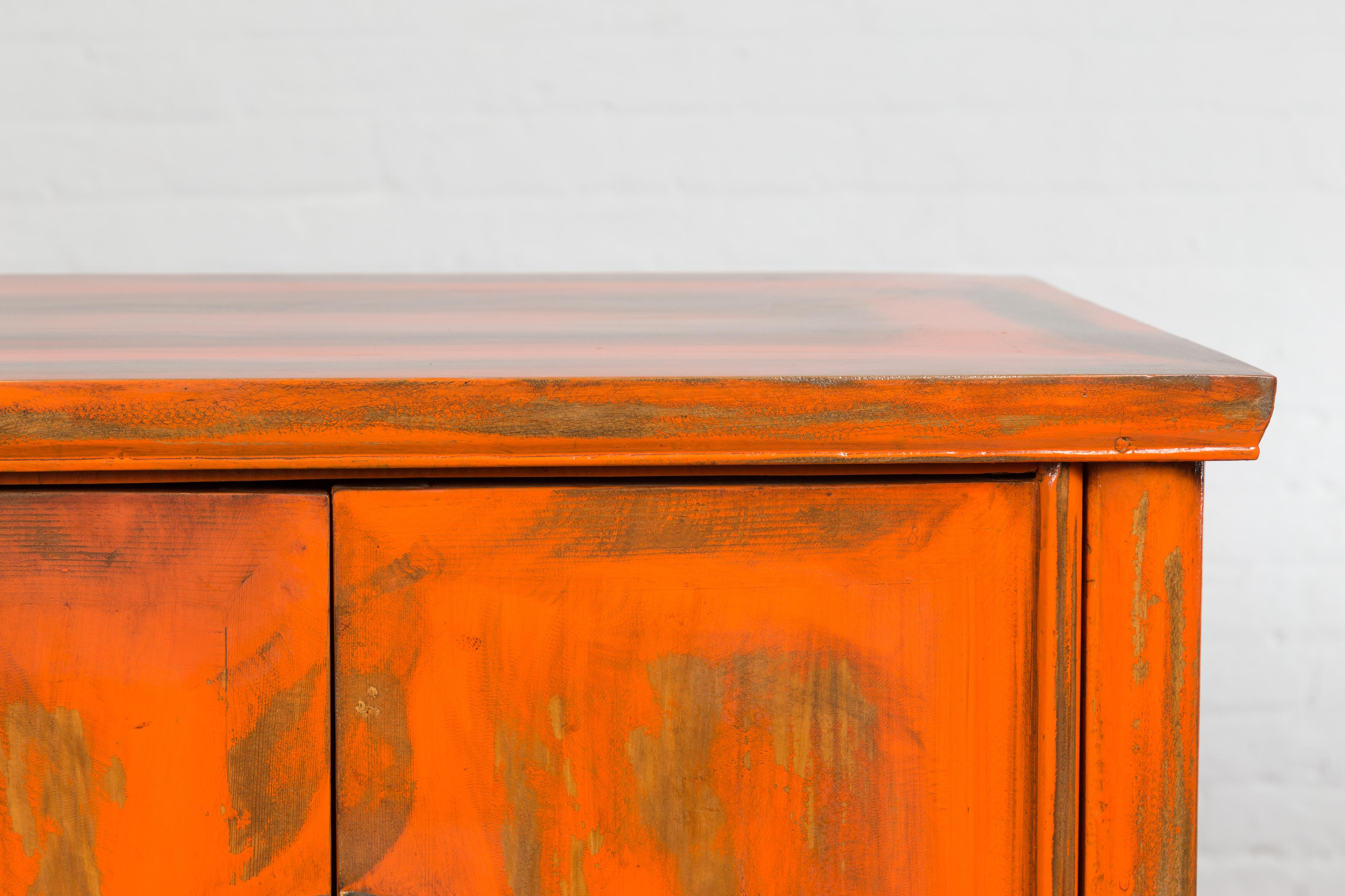 Chinese Late Qing Dynasty Elm Side Cabinet with Custom Orange Lacquer For Sale 2