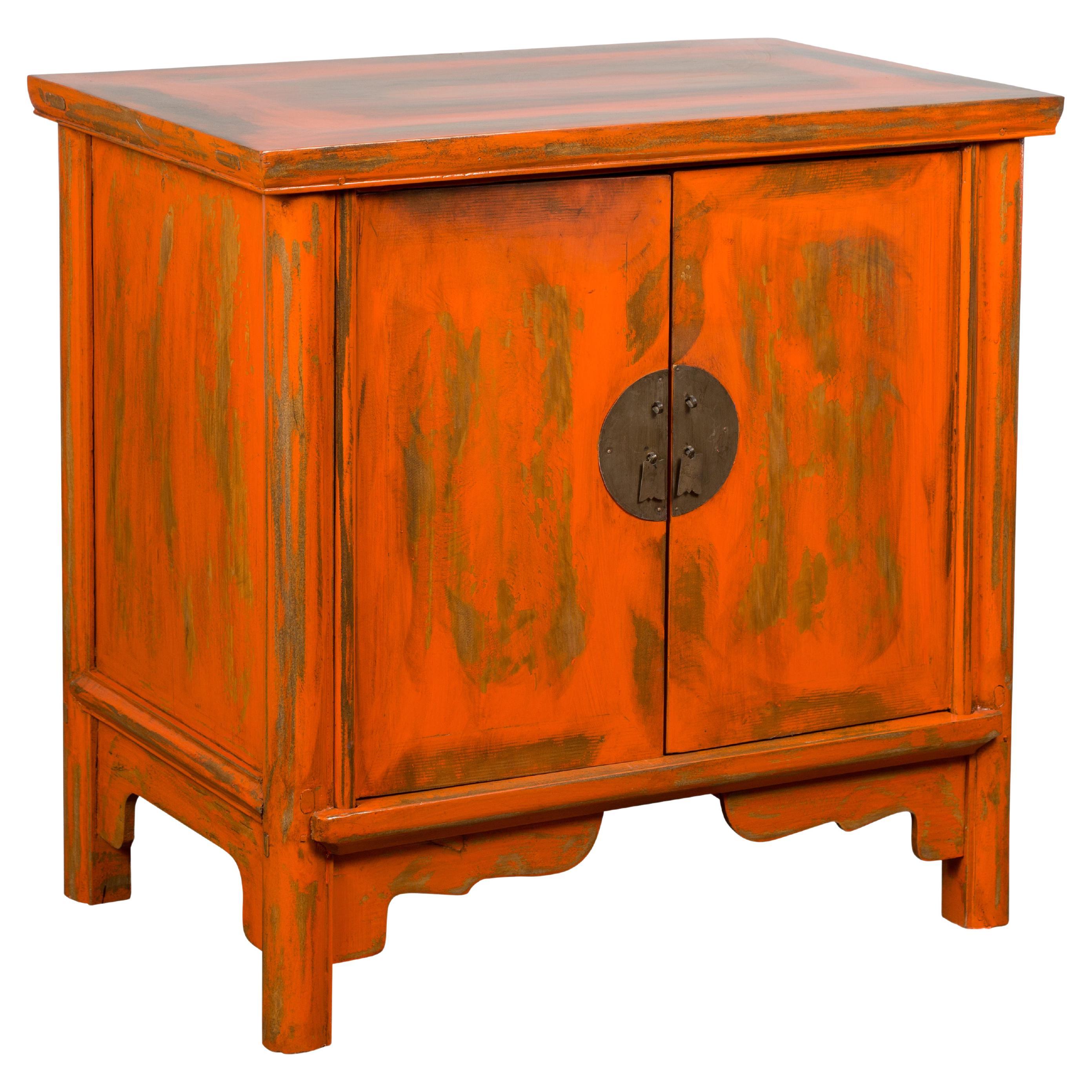 Chinese Late Qing Dynasty Elm Side Cabinet with Custom Orange Lacquer For Sale