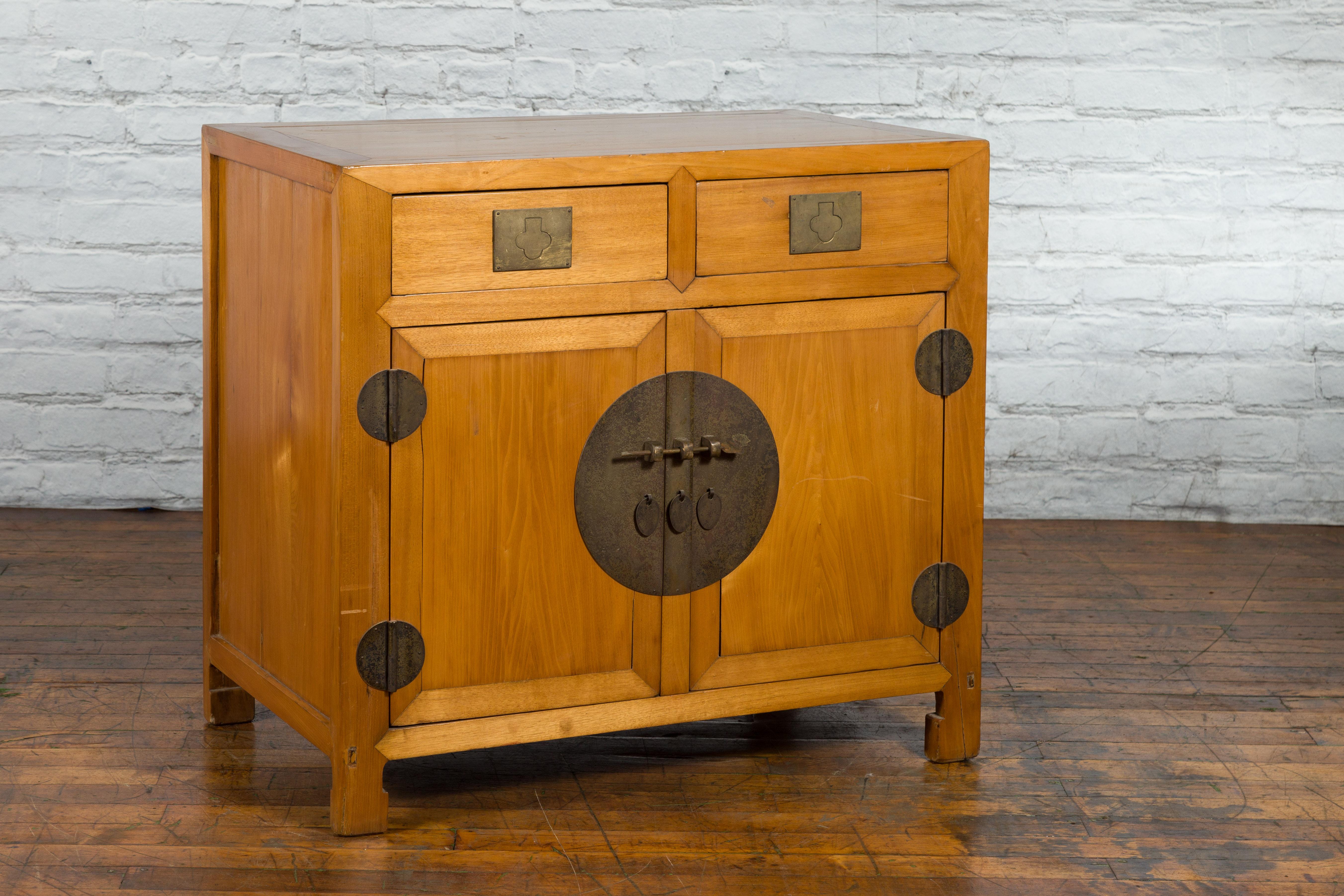 Chinese Late Qing Dynasty Elmwood and Brass Cabinet with Drawers and Doors For Sale 9