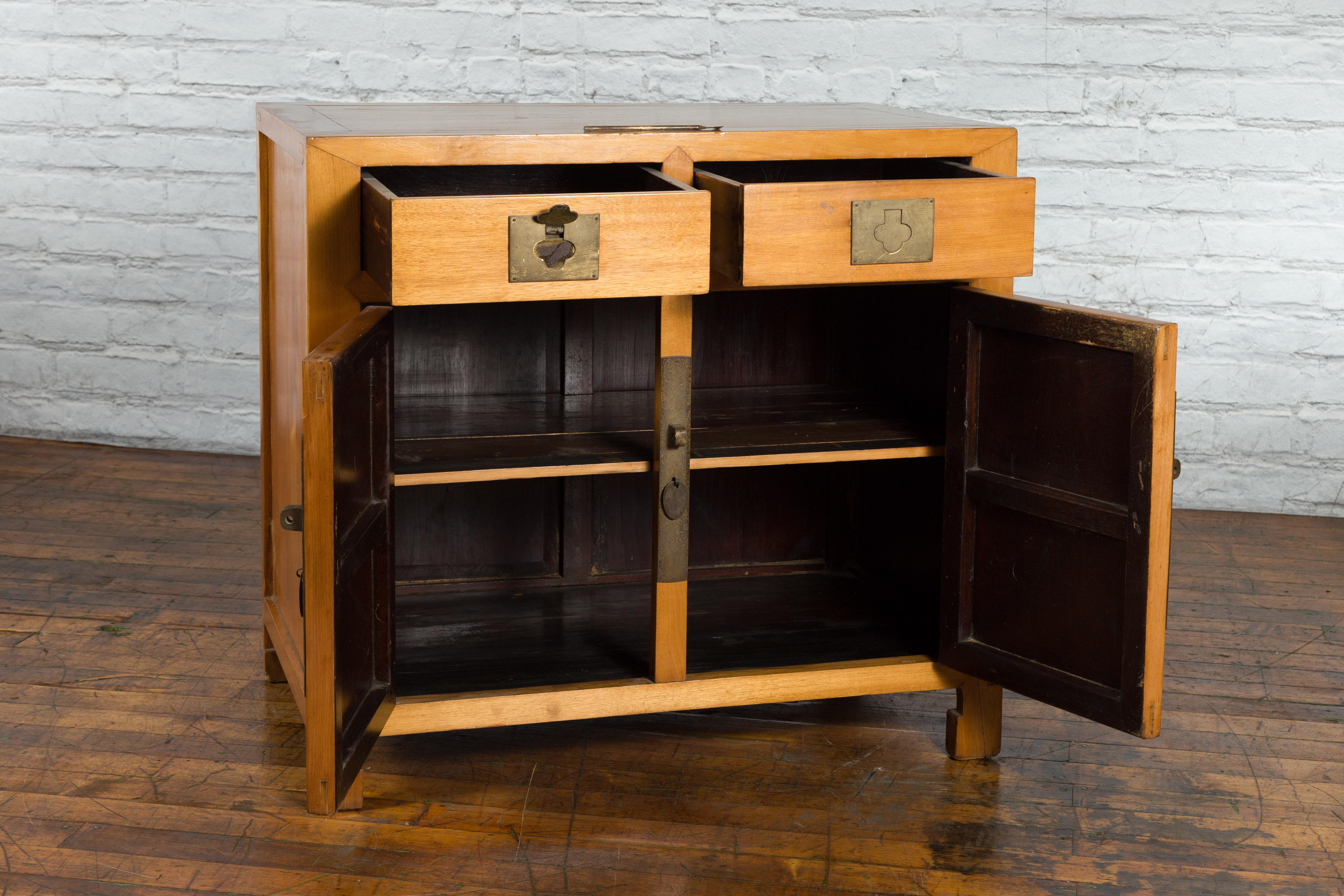 20th Century Chinese Late Qing Dynasty Elmwood and Brass Cabinet with Drawers and Doors For Sale