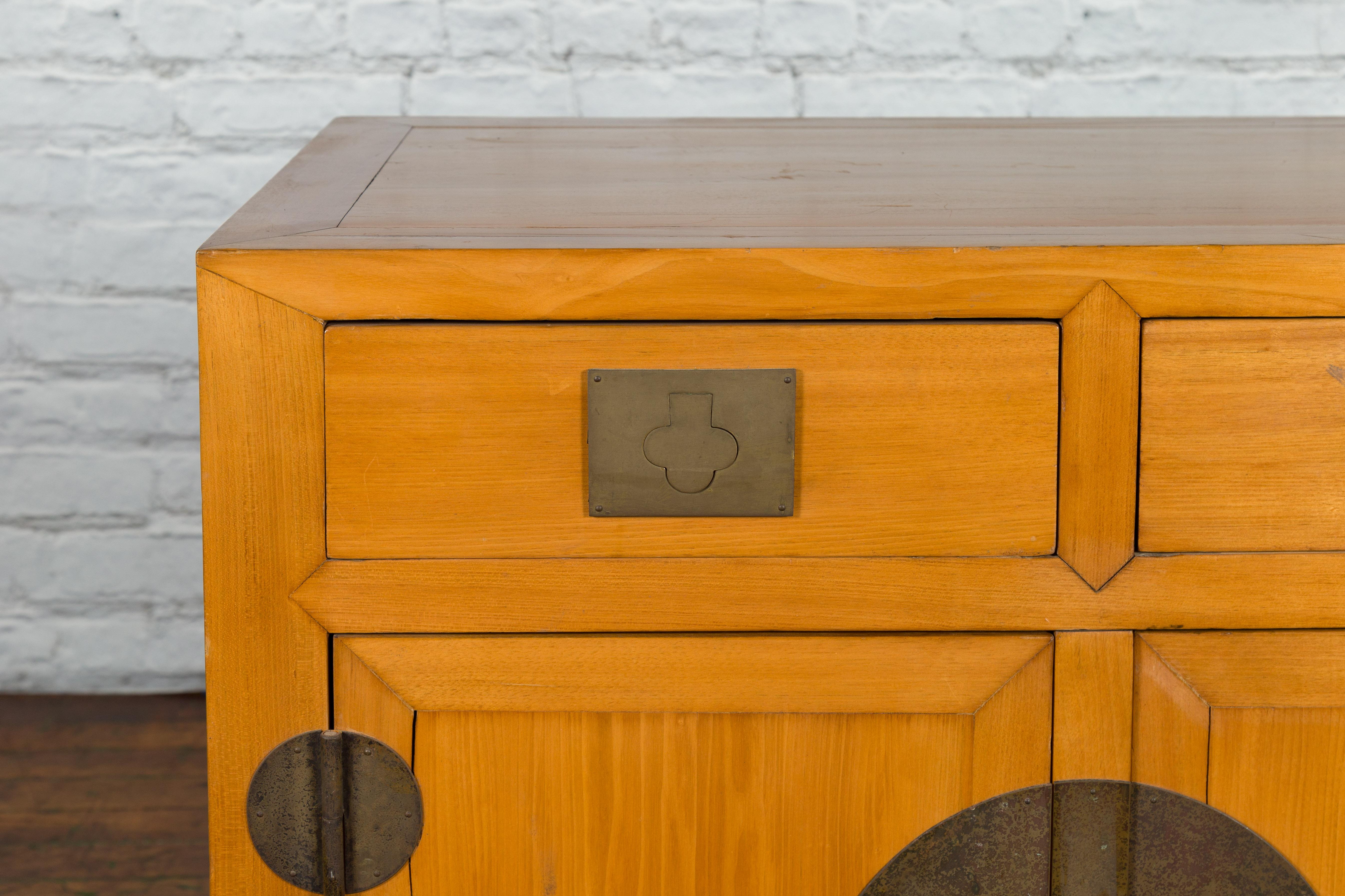 20th Century Late Qing Dynasty Elmwood and Brass Cabinet with Drawers and Doors For Sale