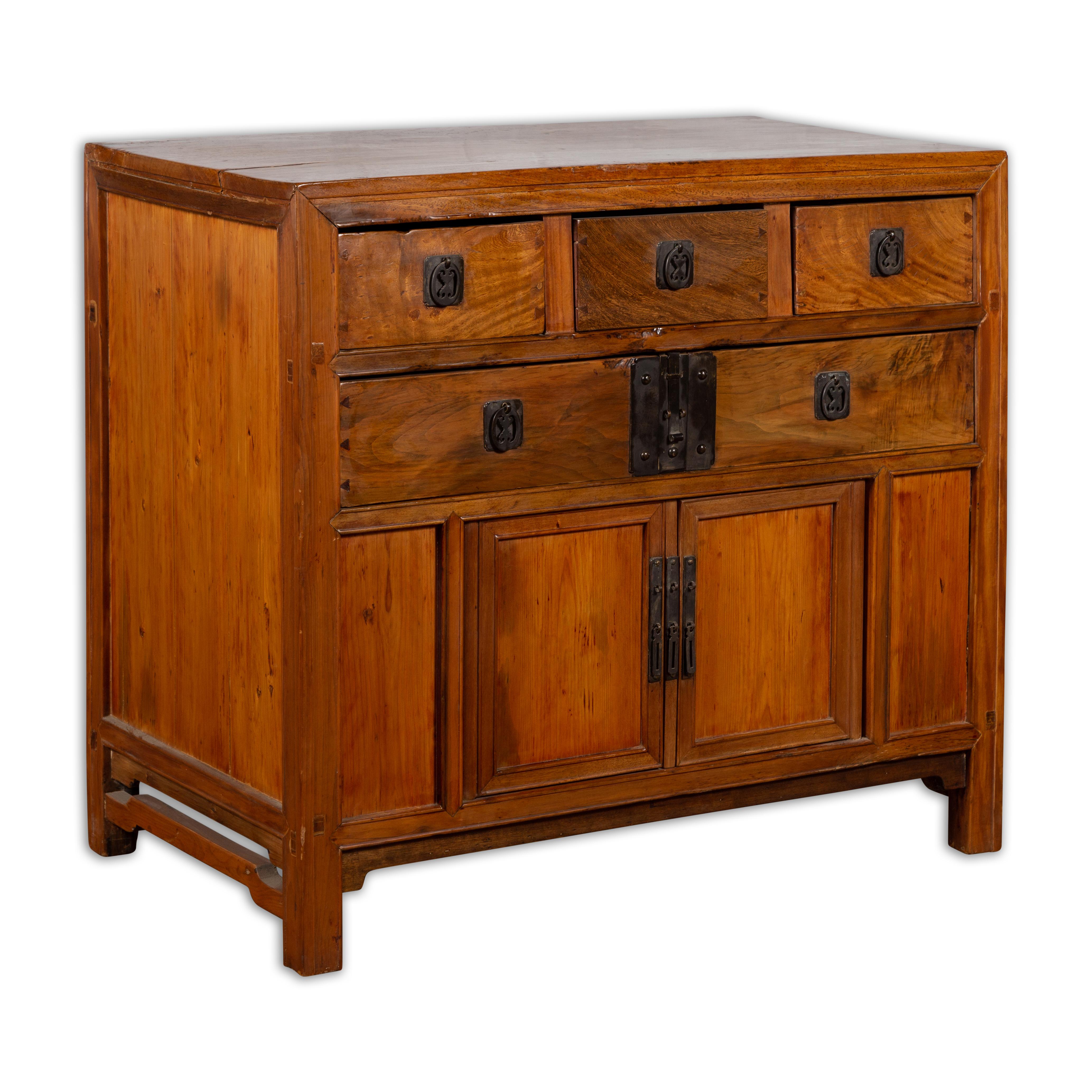 Chinese Late Qing Dynasty Elmwood Cabinet with Five Drawers over Two Doors For Sale 13