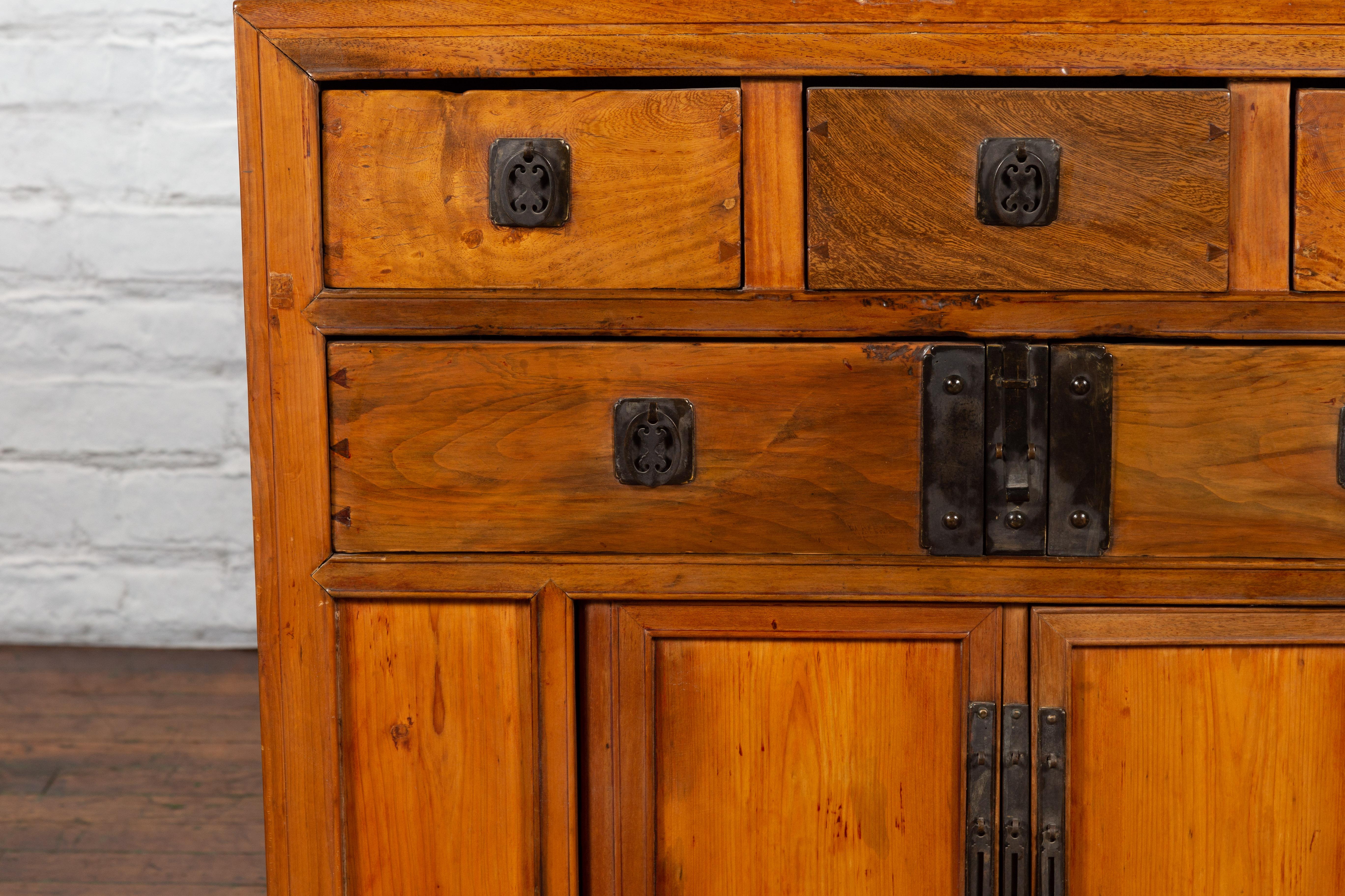 Chinese Late Qing Dynasty Elmwood Cabinet with Five Drawers over Two Doors For Sale 1