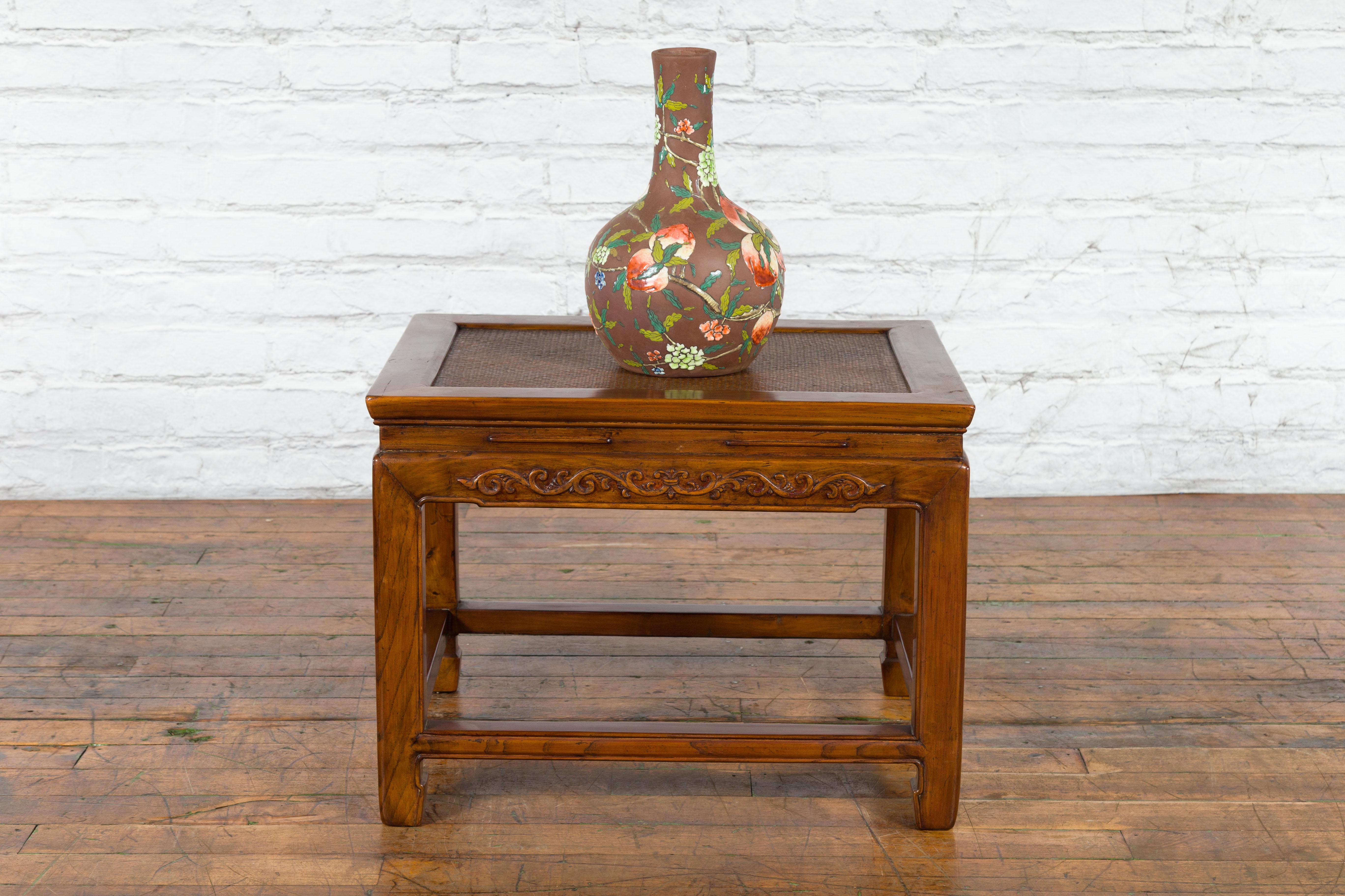 20th Century Chinese Late Qing Dynasty Elmwood Side Table with Low-Relief Carved Frieze For Sale