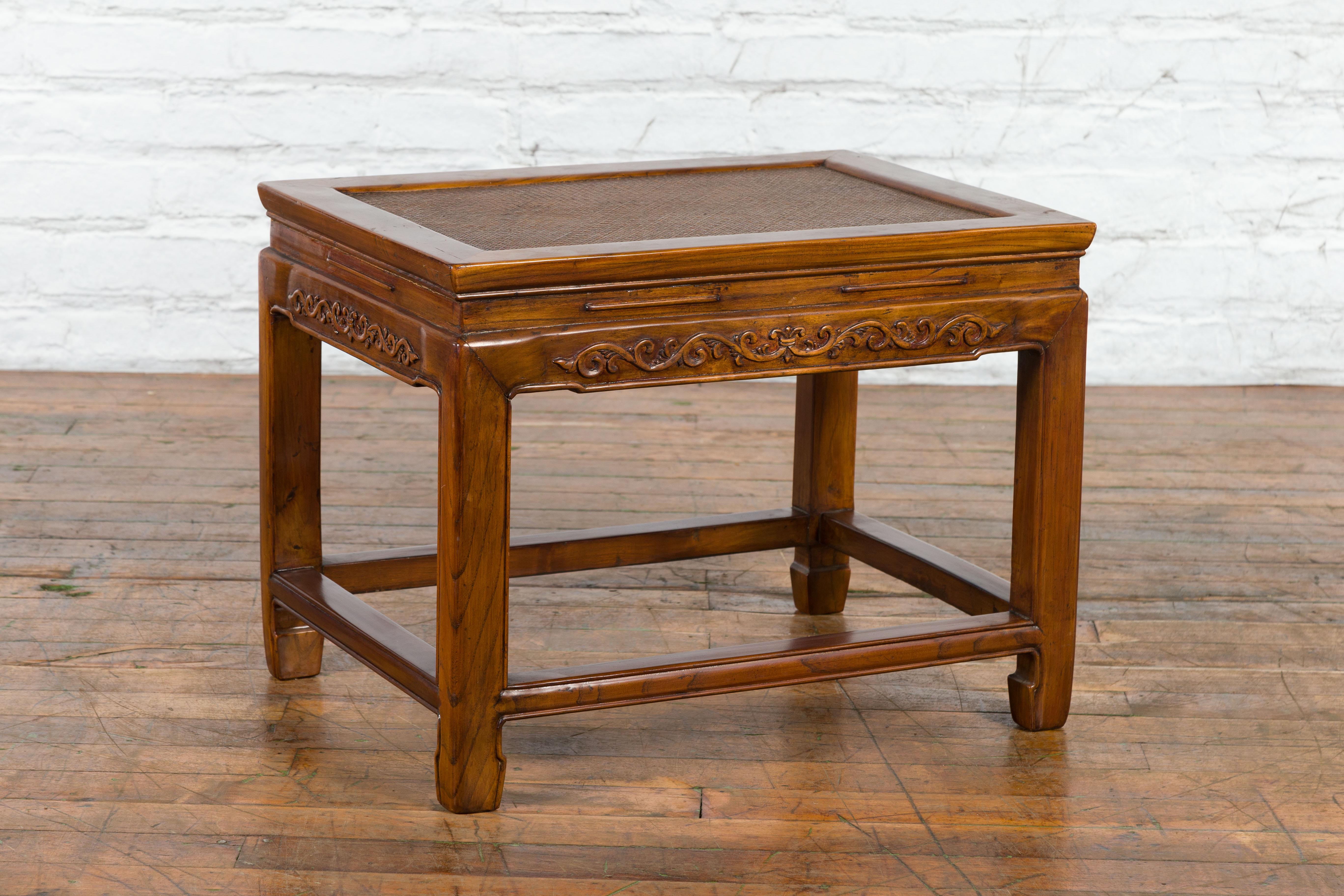 Rattan Chinese Late Qing Dynasty Elmwood Side Table with Low-Relief Carved Frieze For Sale