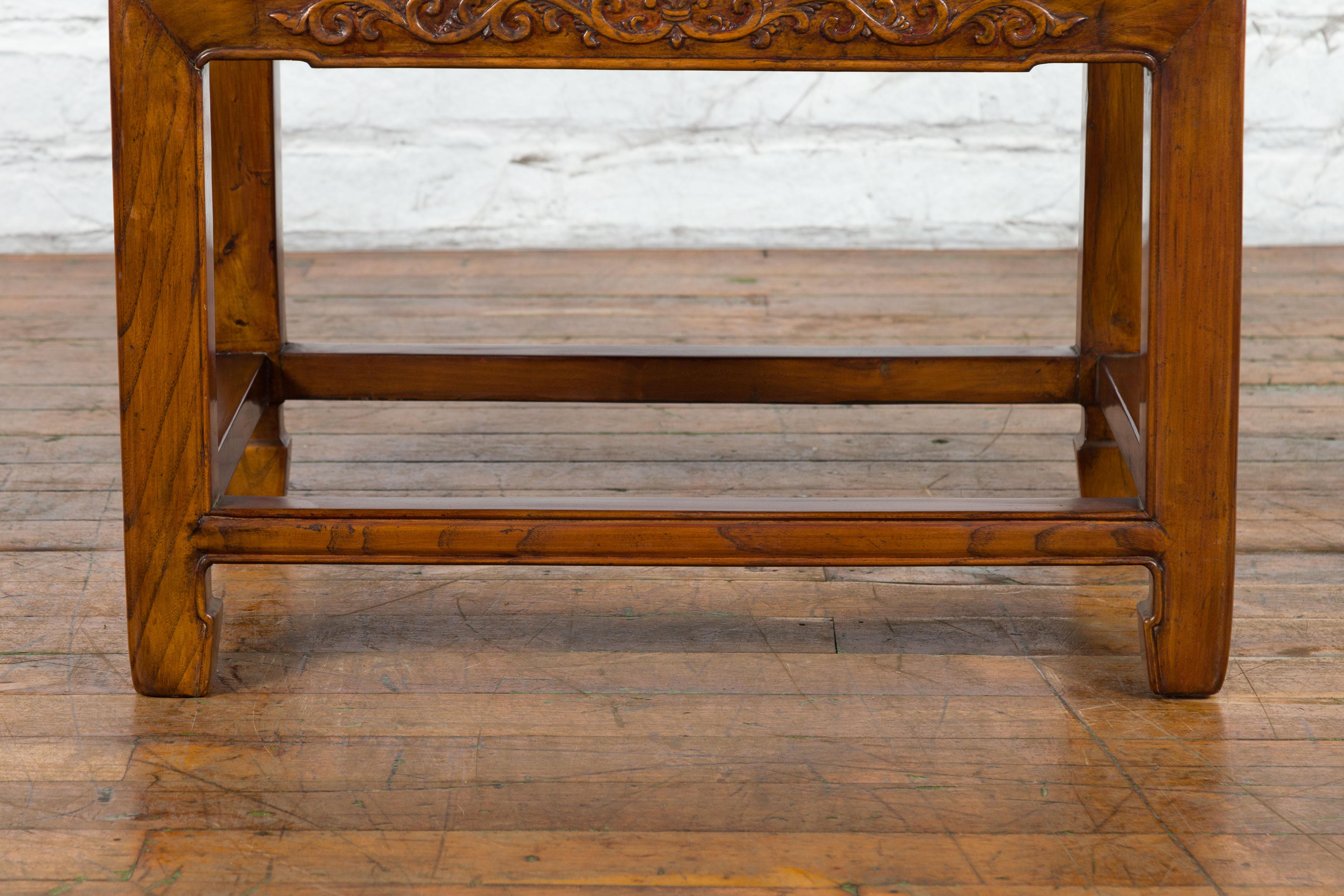 Chinese Late Qing Dynasty Elmwood Side Table with Low-Relief Carved Frieze For Sale 4