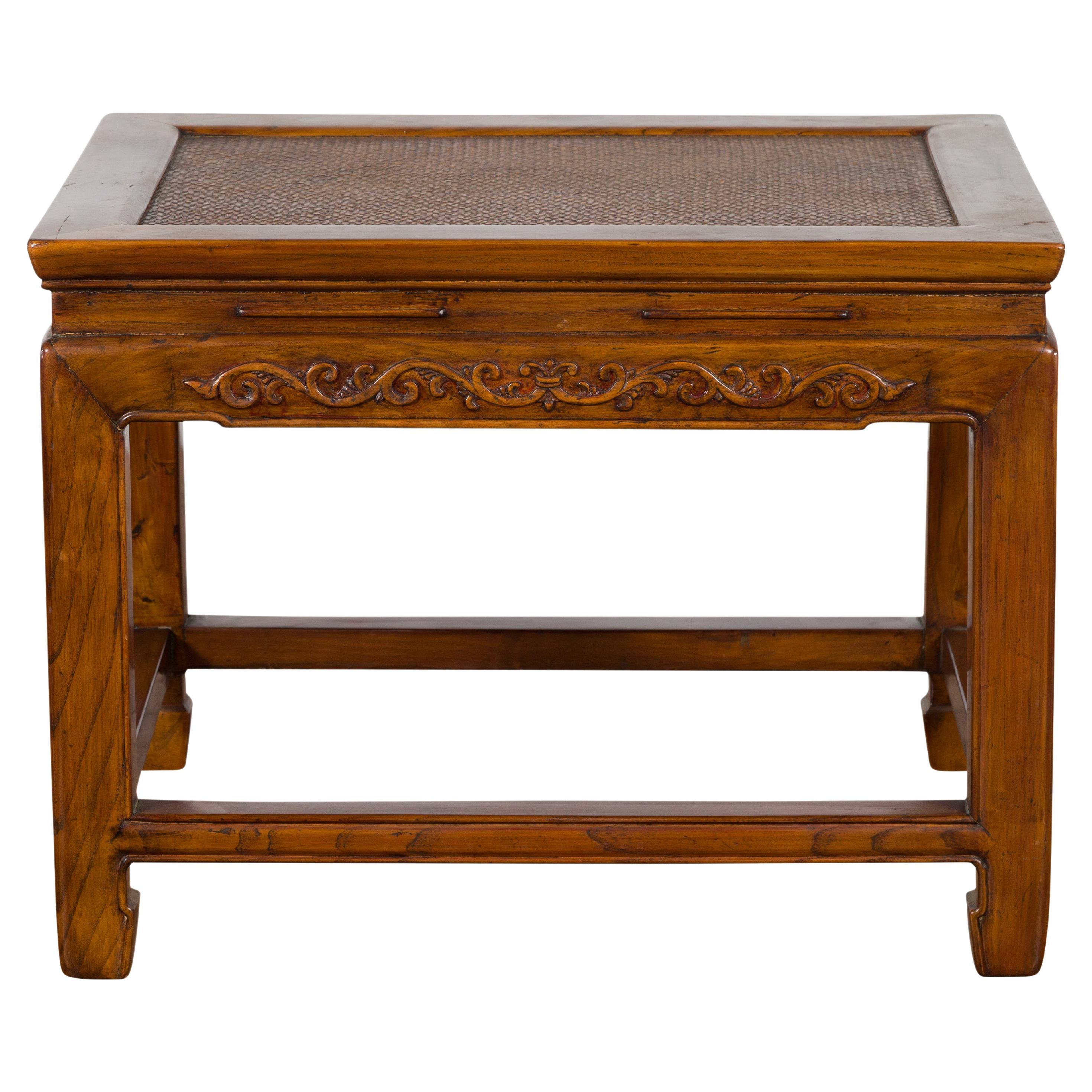 Chinese Late Qing Dynasty Elmwood Side Table with Low-Relief Carved Frieze