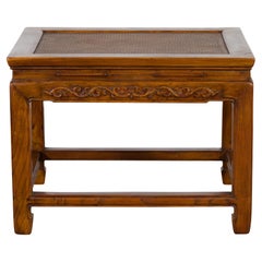 Antique Chinese Late Qing Dynasty Elmwood Side Table with Low-Relief Carved Frieze