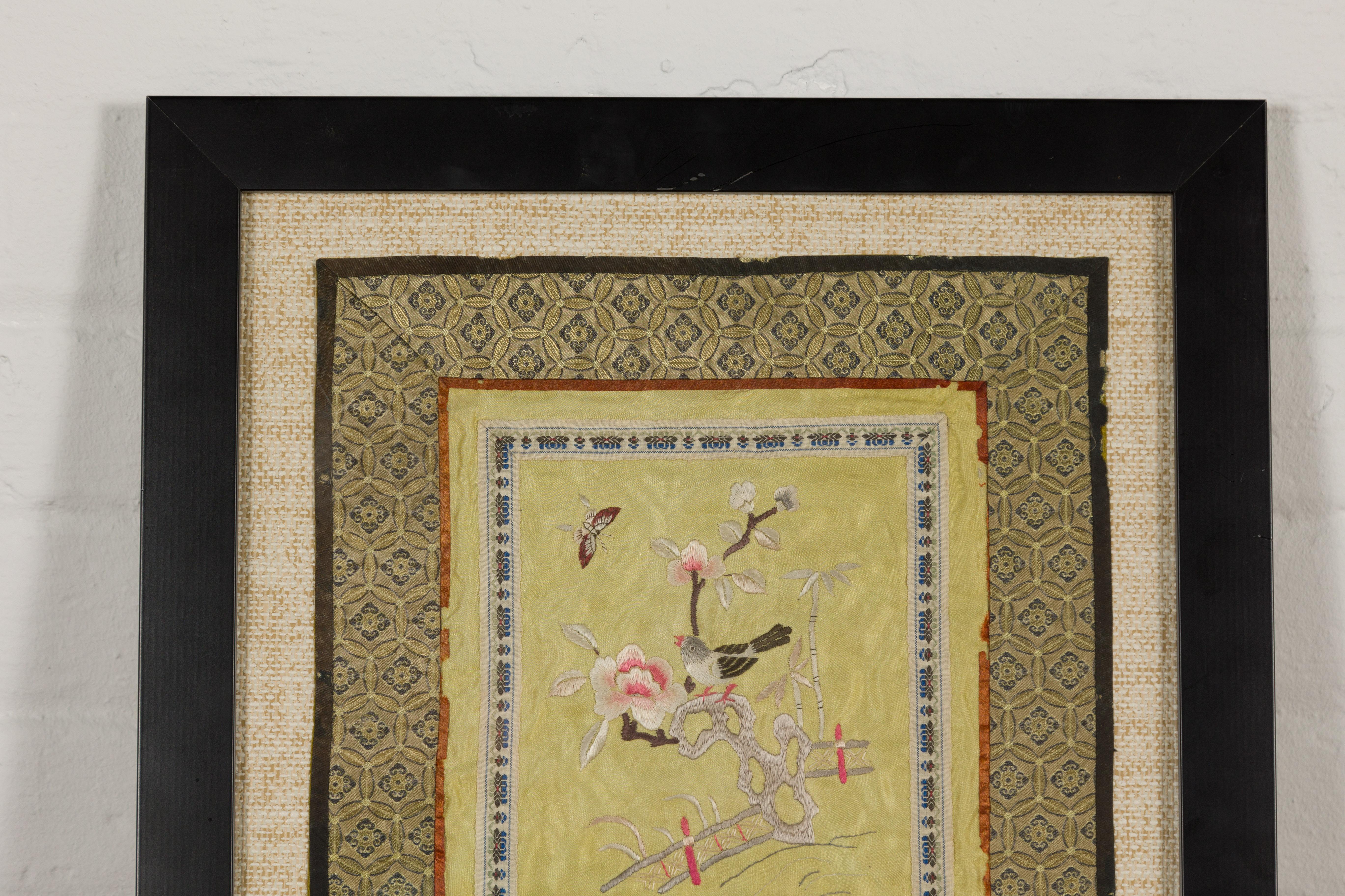 Chinese Late Qing Dynasty Embroidered Silk Fabric with Bird in Custom Frame For Sale 1