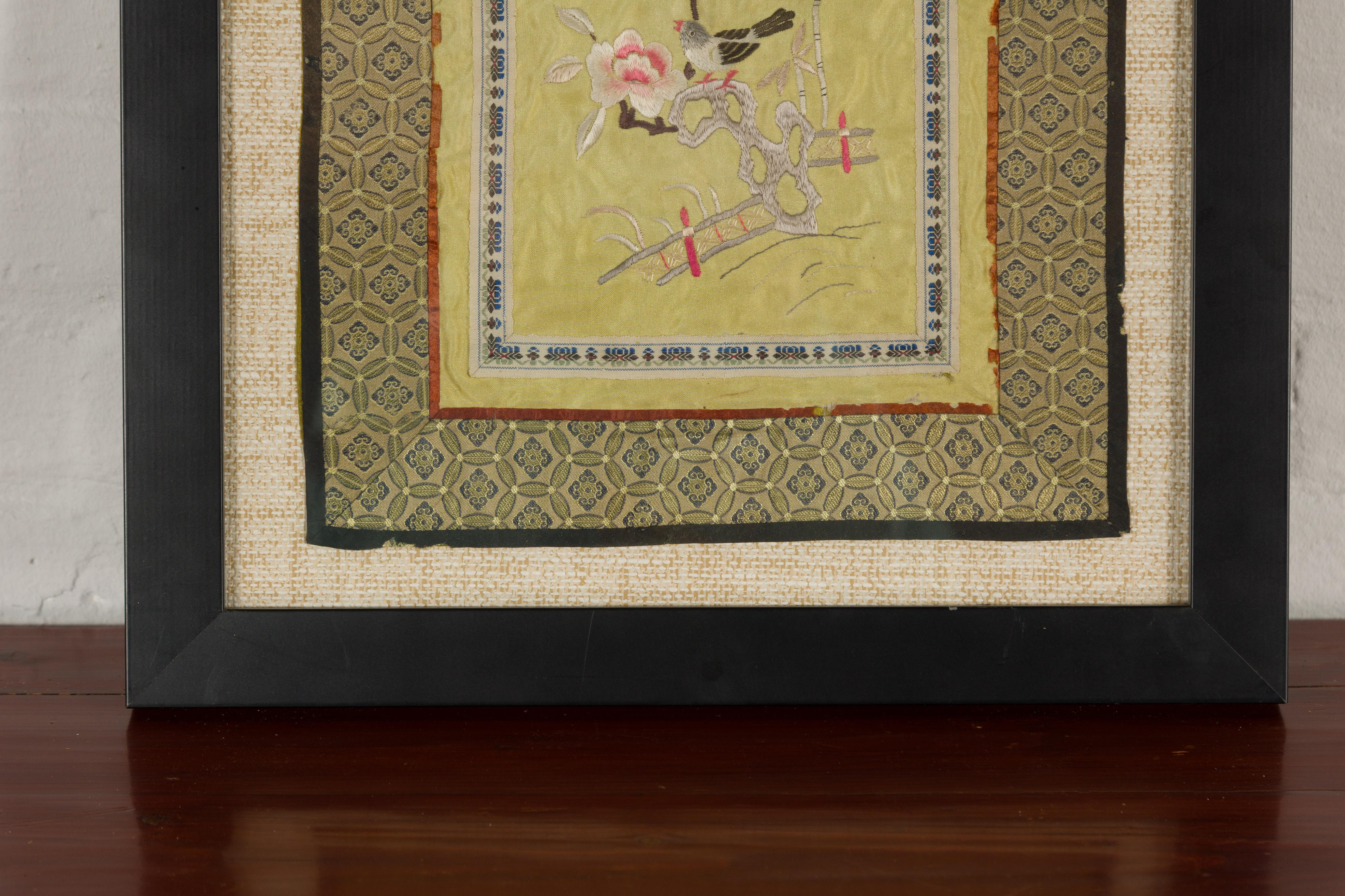 Chinese Late Qing Dynasty Embroidered Silk Fabric with Bird in Custom Frame For Sale 2
