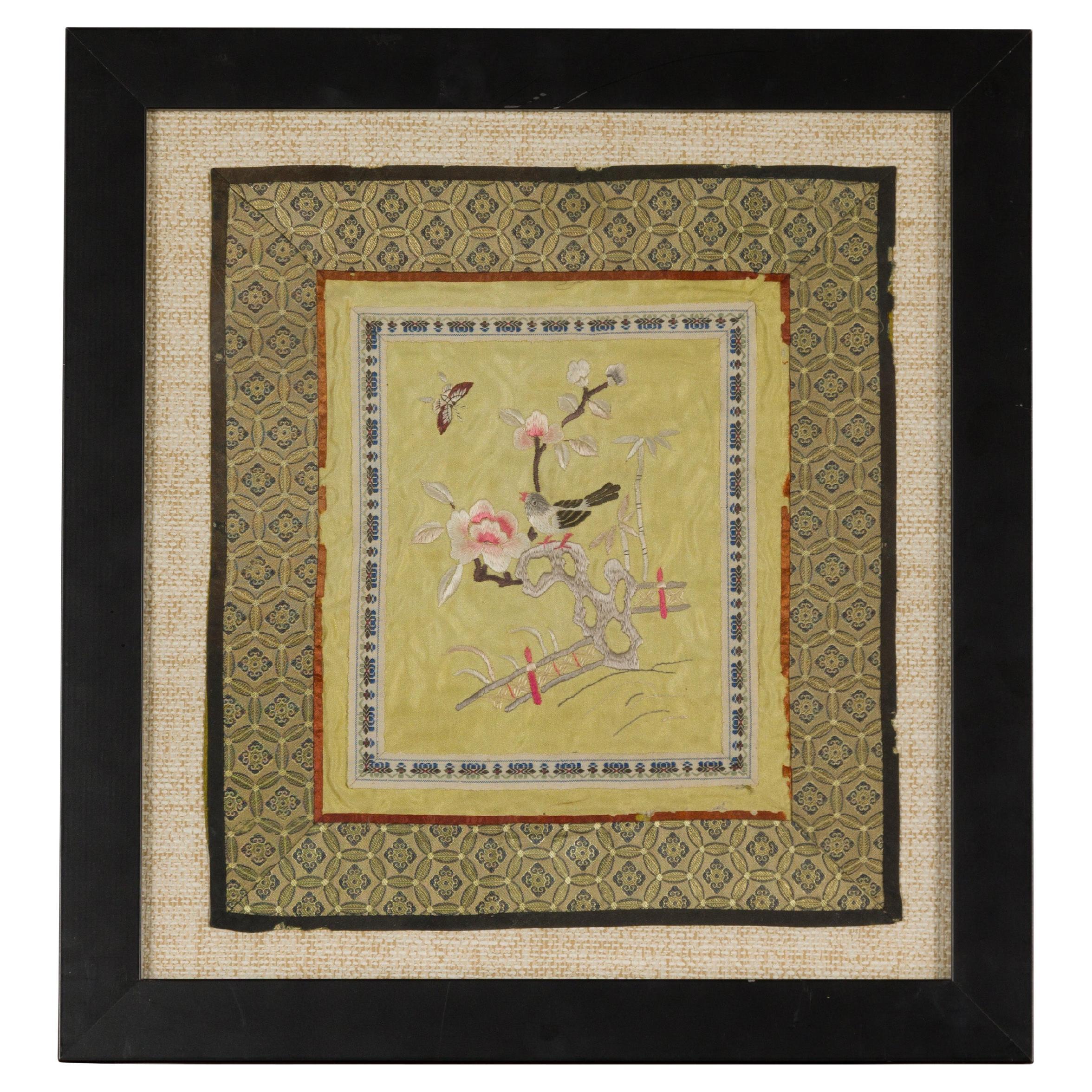 Chinese Late Qing Dynasty Embroidered Silk Fabric with Bird in Custom Frame For Sale