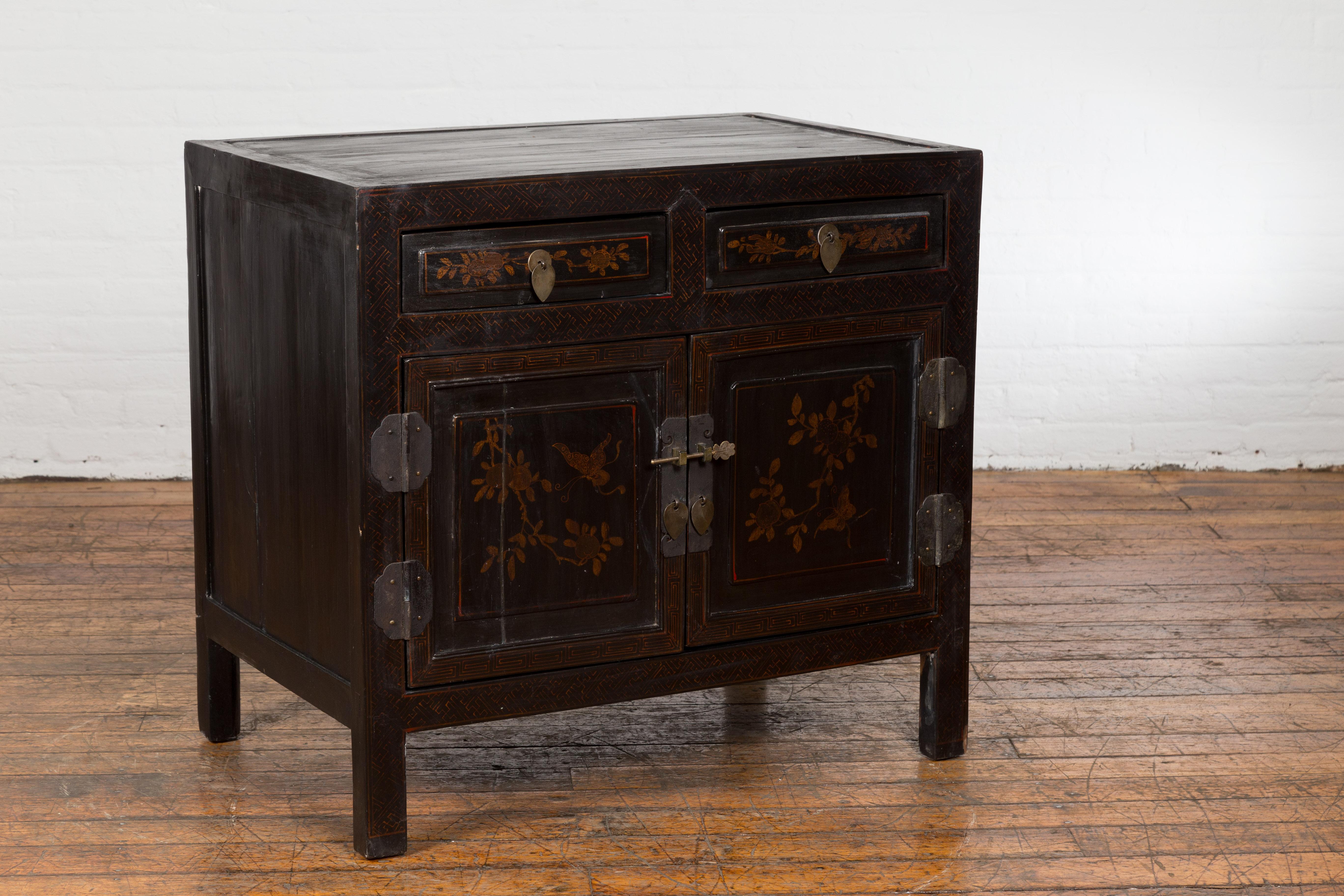 Chinese Antique Side Cabinet with Drawers, Shelf & Butterfly Key For Sale