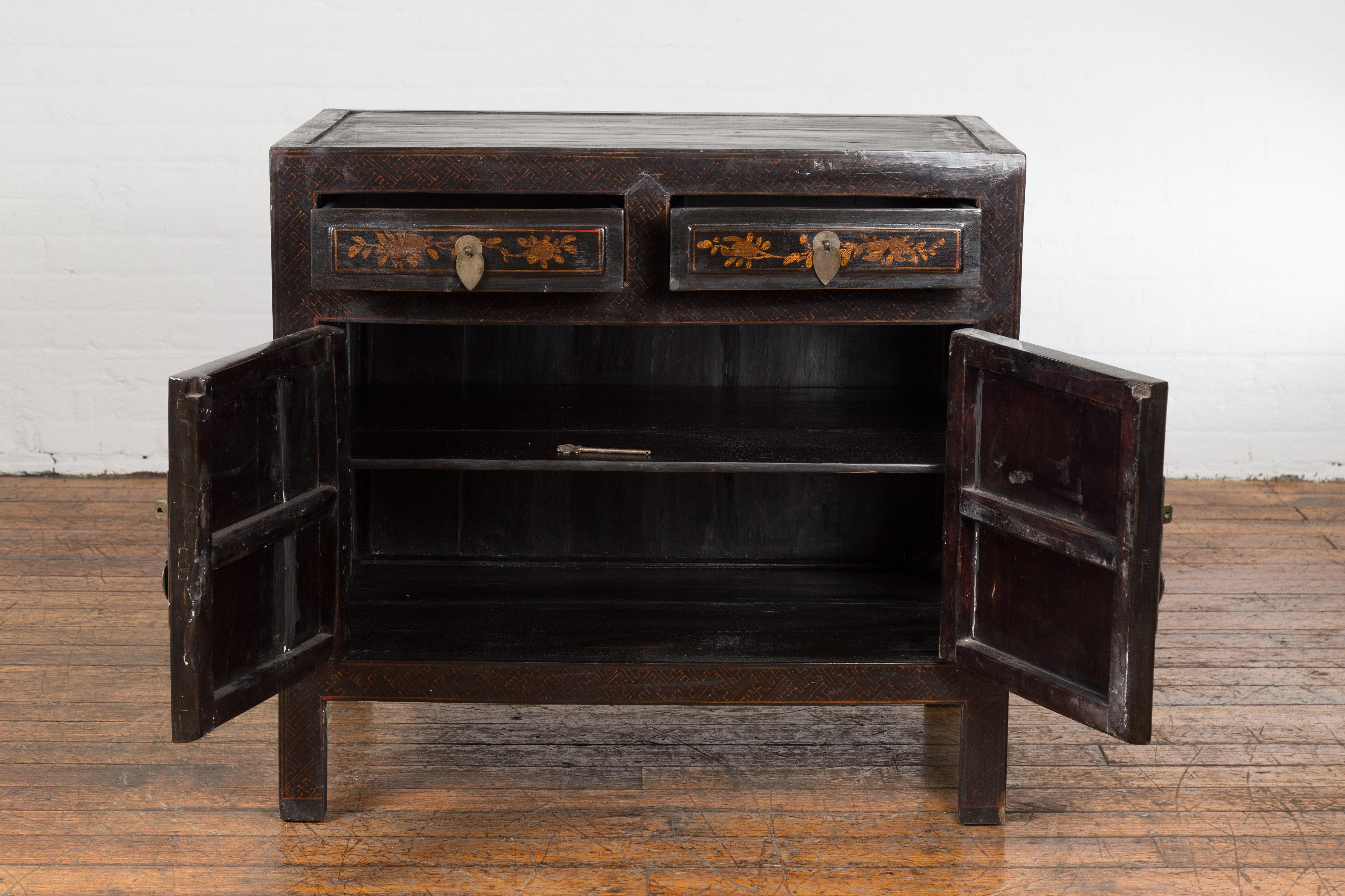 Lacquered Antique Side Cabinet with Drawers, Shelf & Butterfly Key For Sale