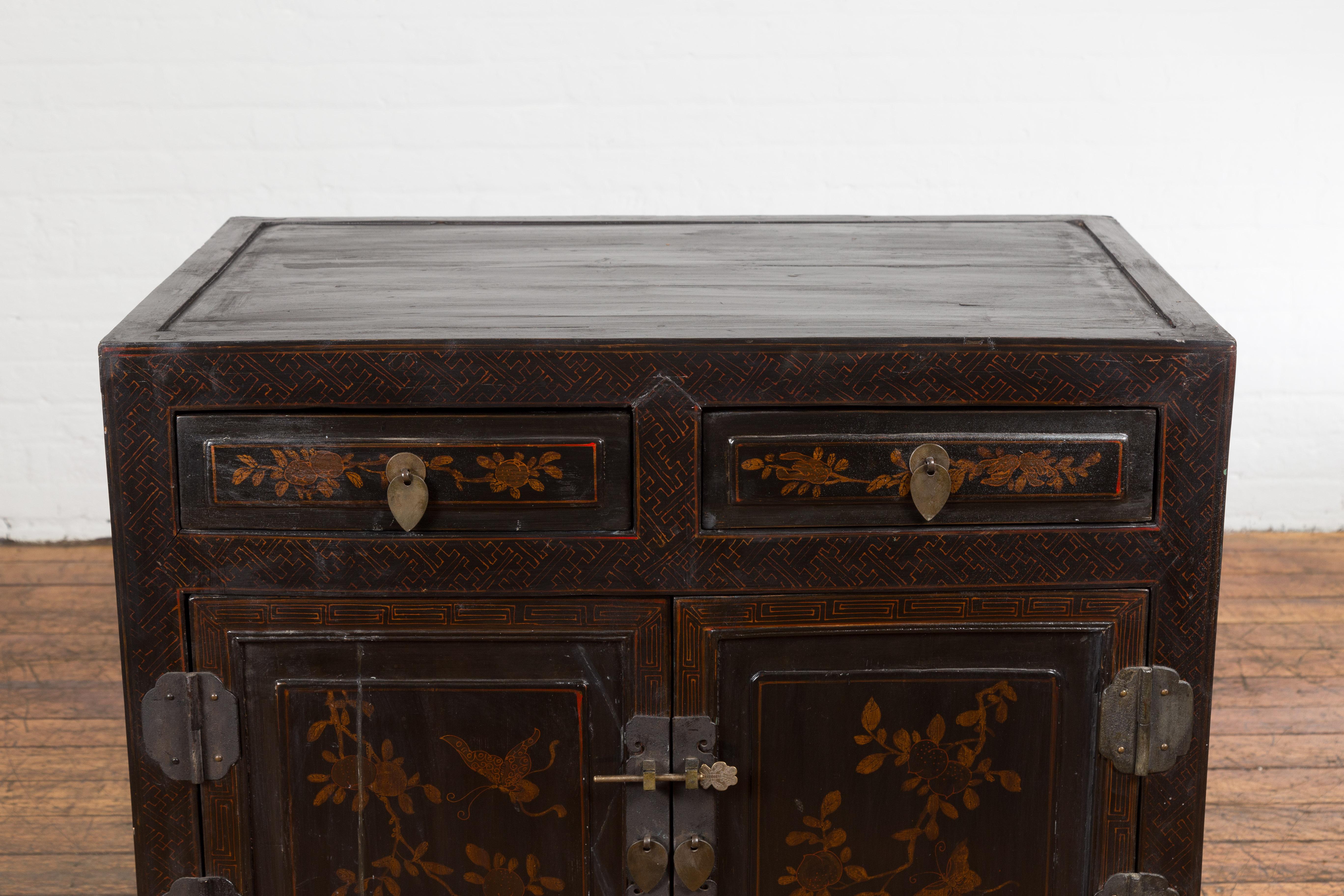 20th Century Antique Side Cabinet with Drawers, Shelf & Butterfly Key For Sale
