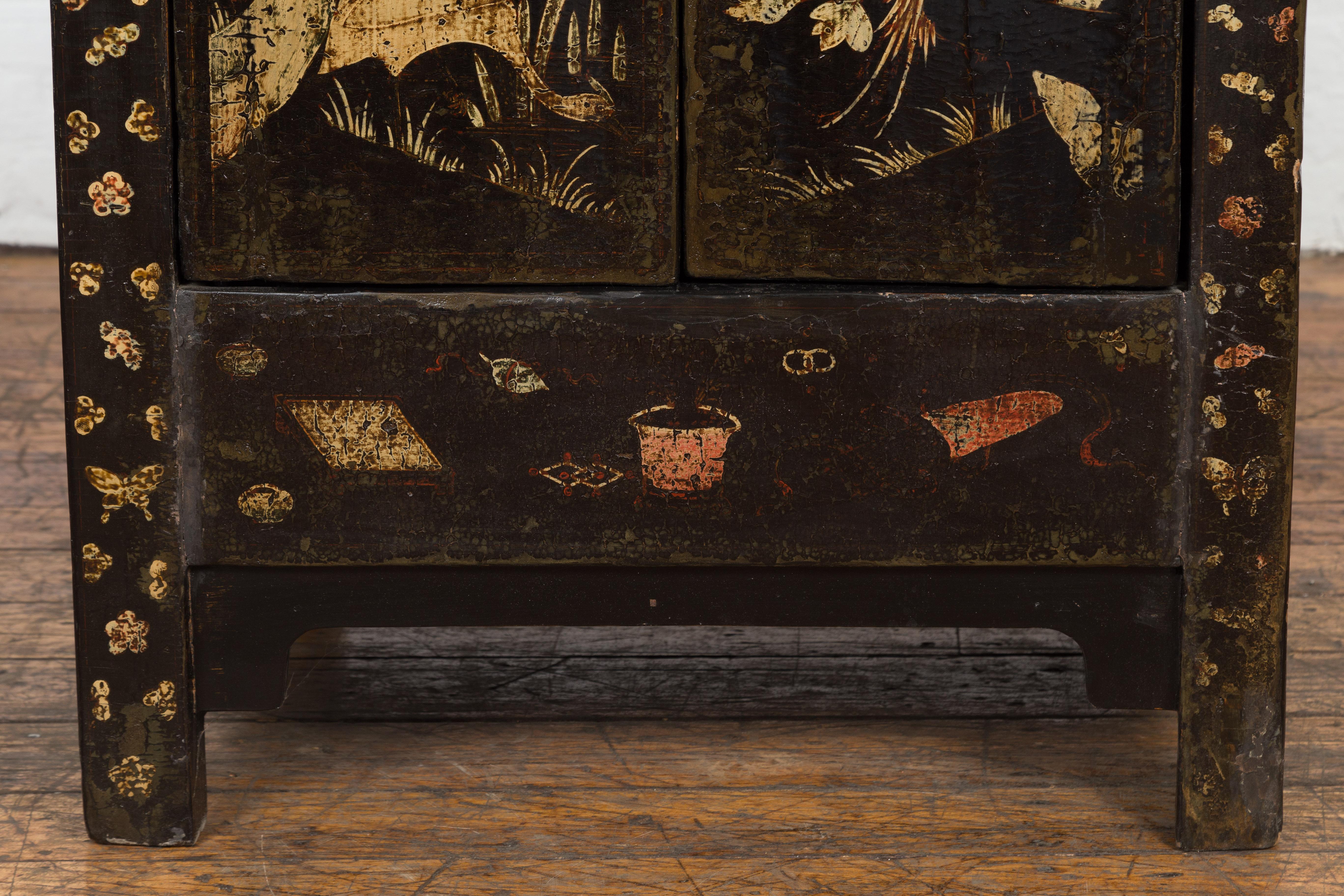 Wood Chinese Late Qing Dynasty Lacquered Bedside Cabinet with Hand Painted Décor