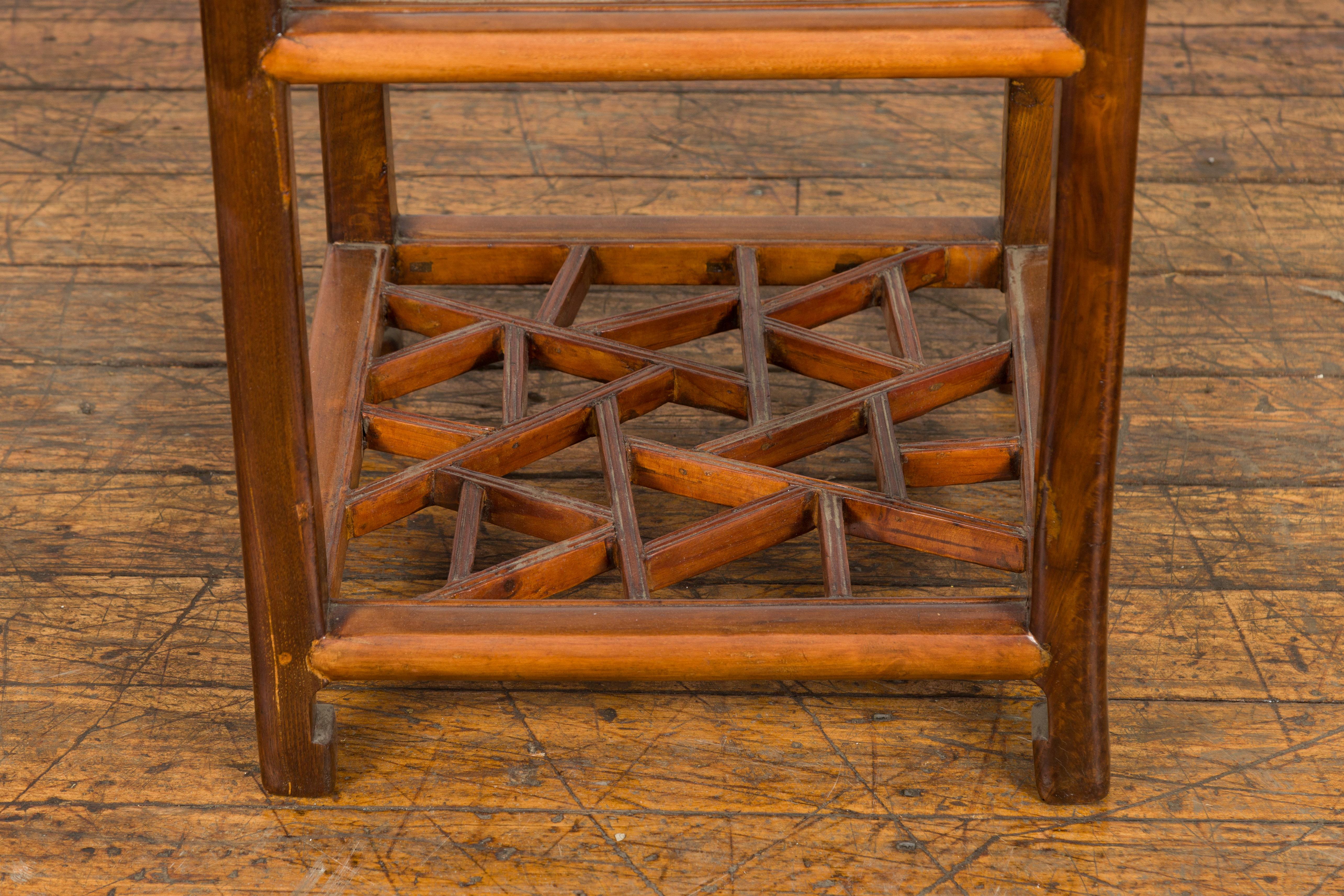 Wood Late Qing Dynasty Side Table with Low Geometric Style Shelf For Sale