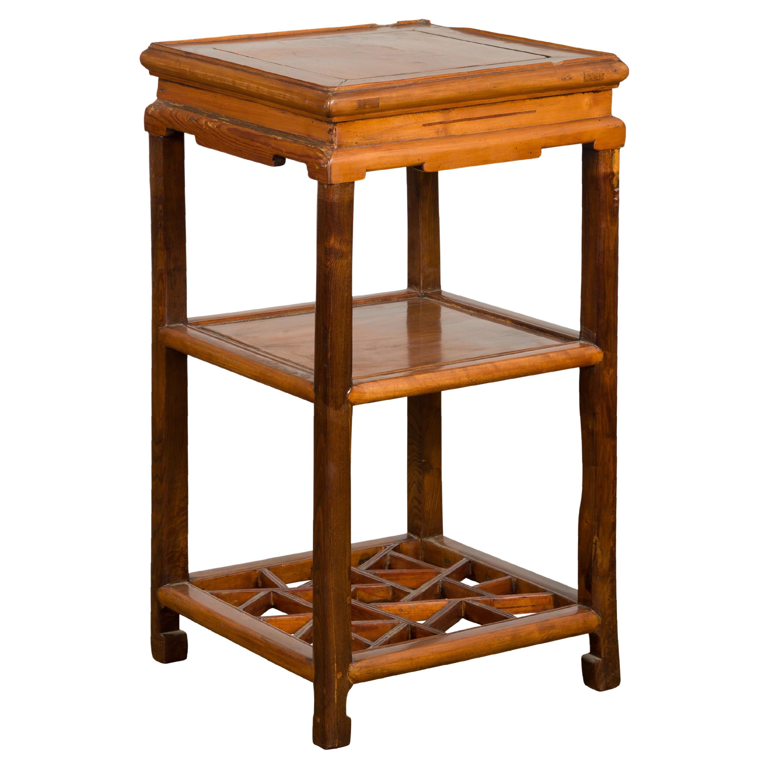 Late Qing Dynasty Side Table with Low Geometric Style Shelf