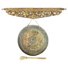 Chinese Late Qing Dynasty Large Brass Gong with Carved Giltwood Support, c. 1900