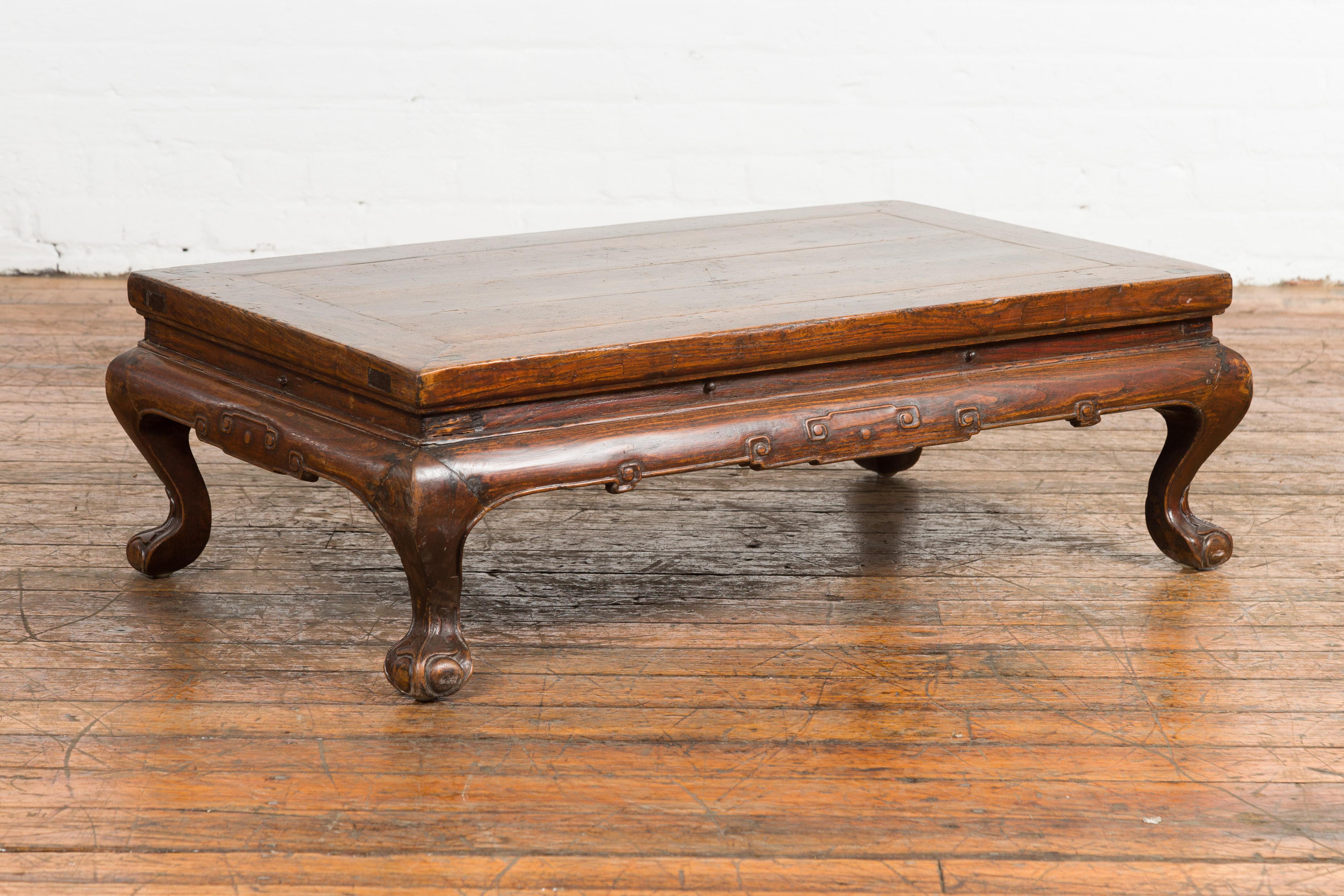 Low Rectangular Antique Coffee Table with Arched Legs For Sale 3