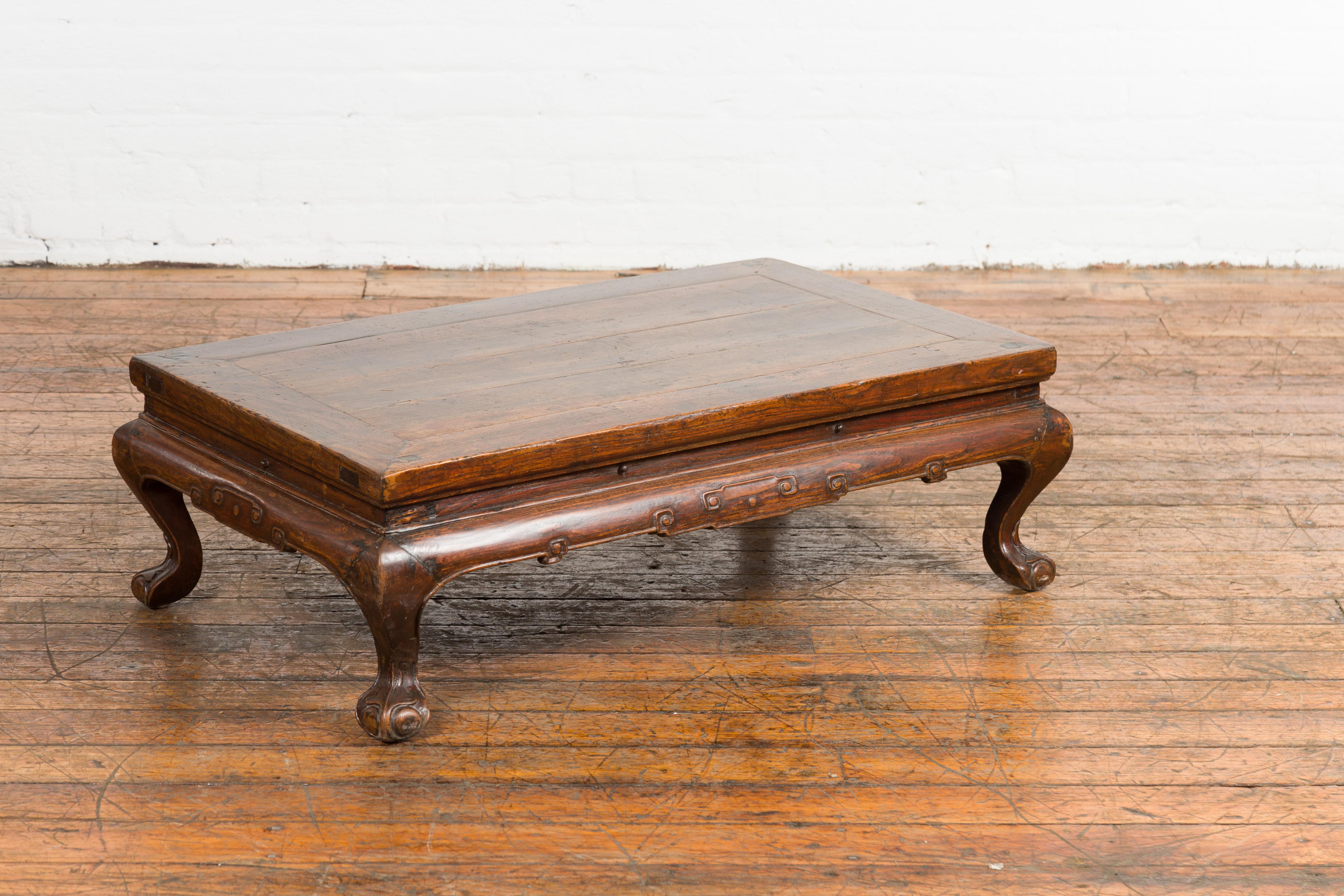 Low Rectangular Antique Coffee Table with Arched Legs For Sale 4