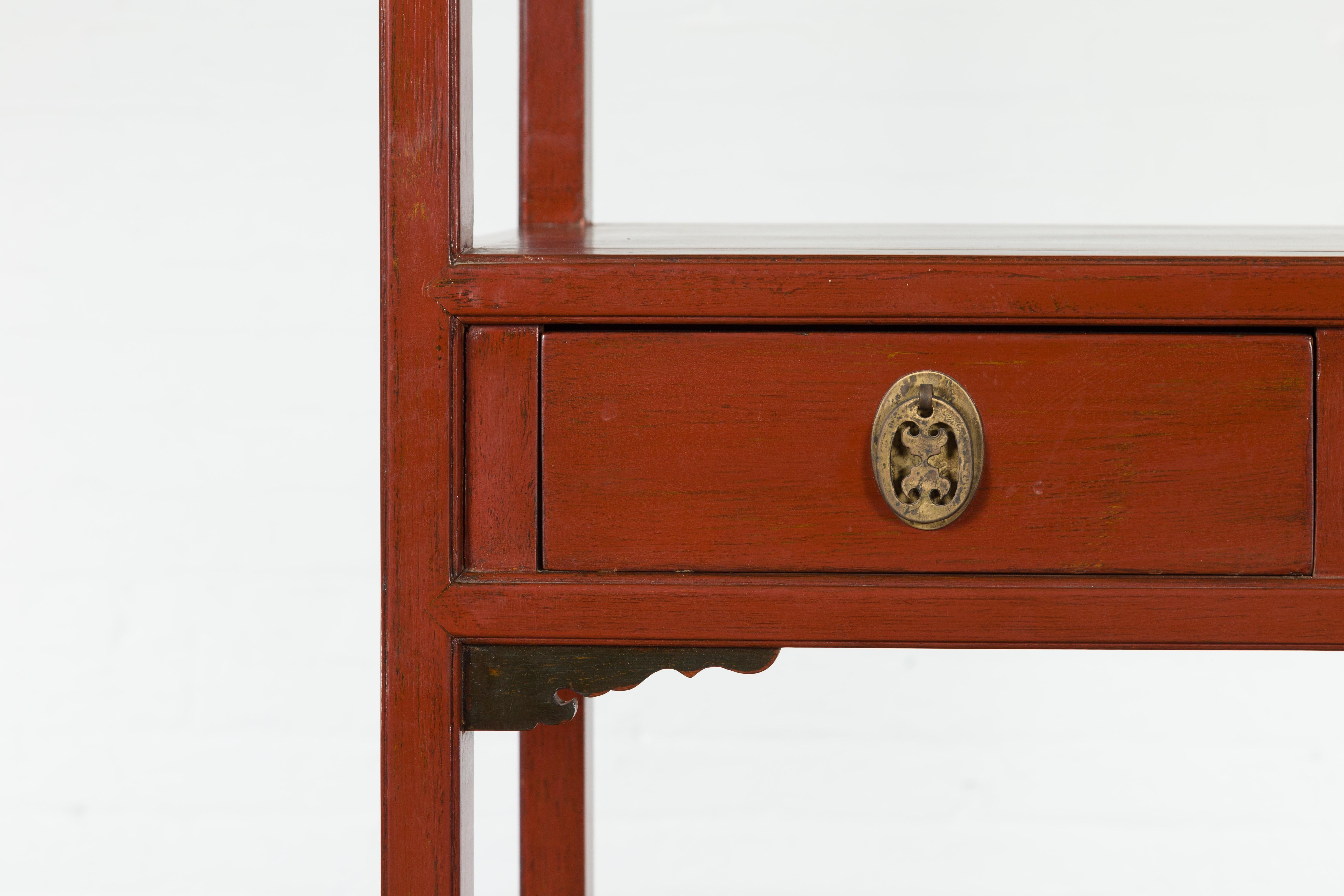 Late Qing Dynasty Red Open Bookshelf with Drawers and Fretwork Shelf For Sale 4
