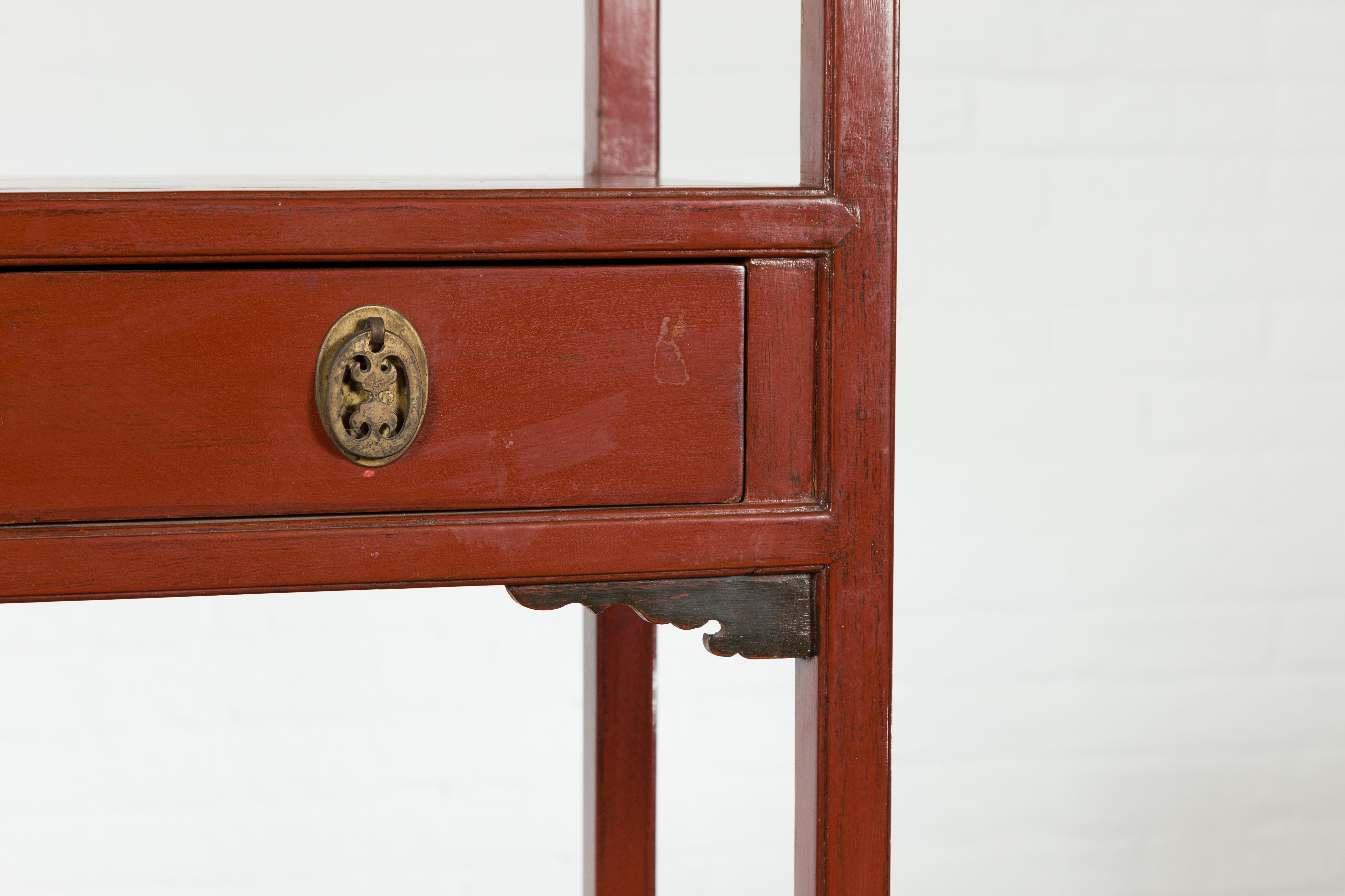Late Qing Dynasty Red Open Bookshelf with Drawers and Fretwork Shelf For Sale 5