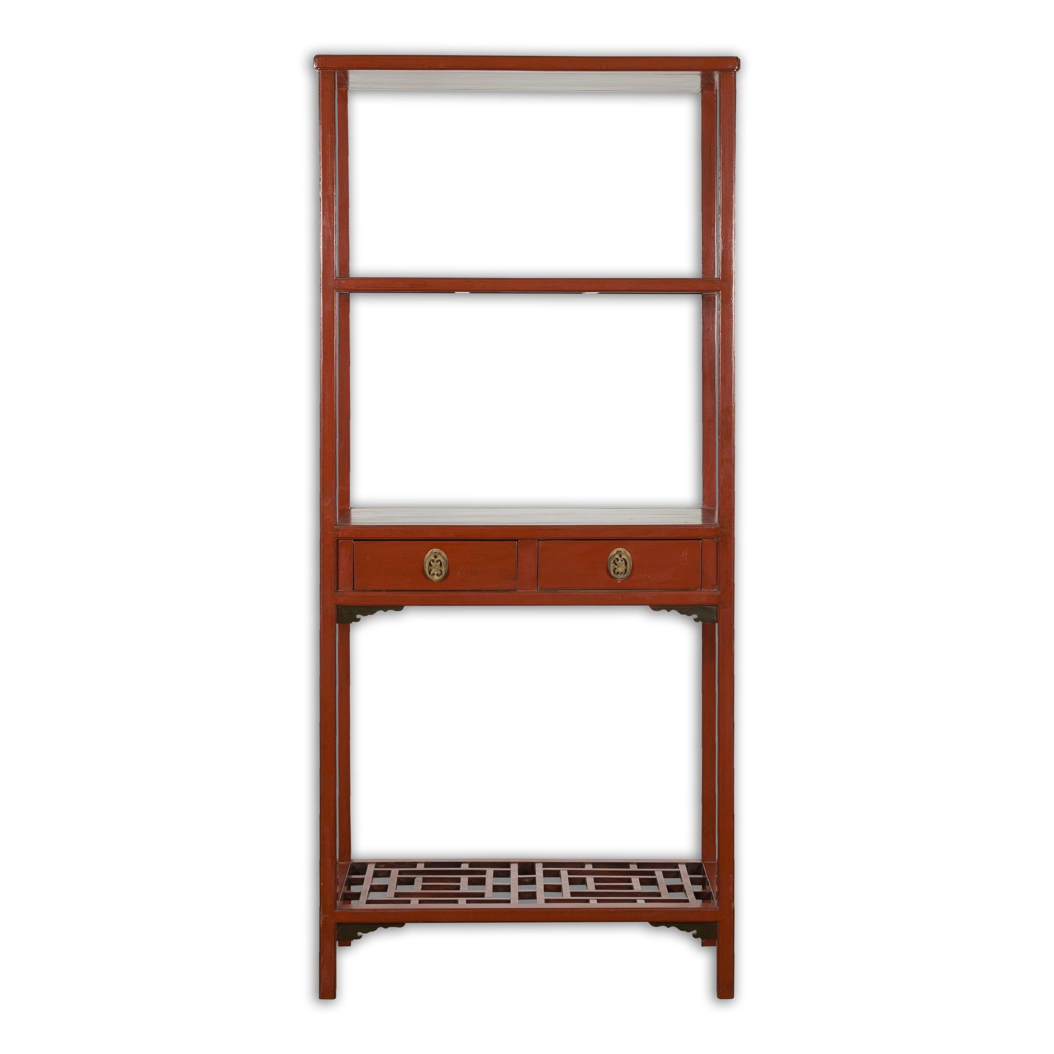 Late Qing Dynasty Red Open Bookshelf with Drawers and Fretwork Shelf For Sale 14