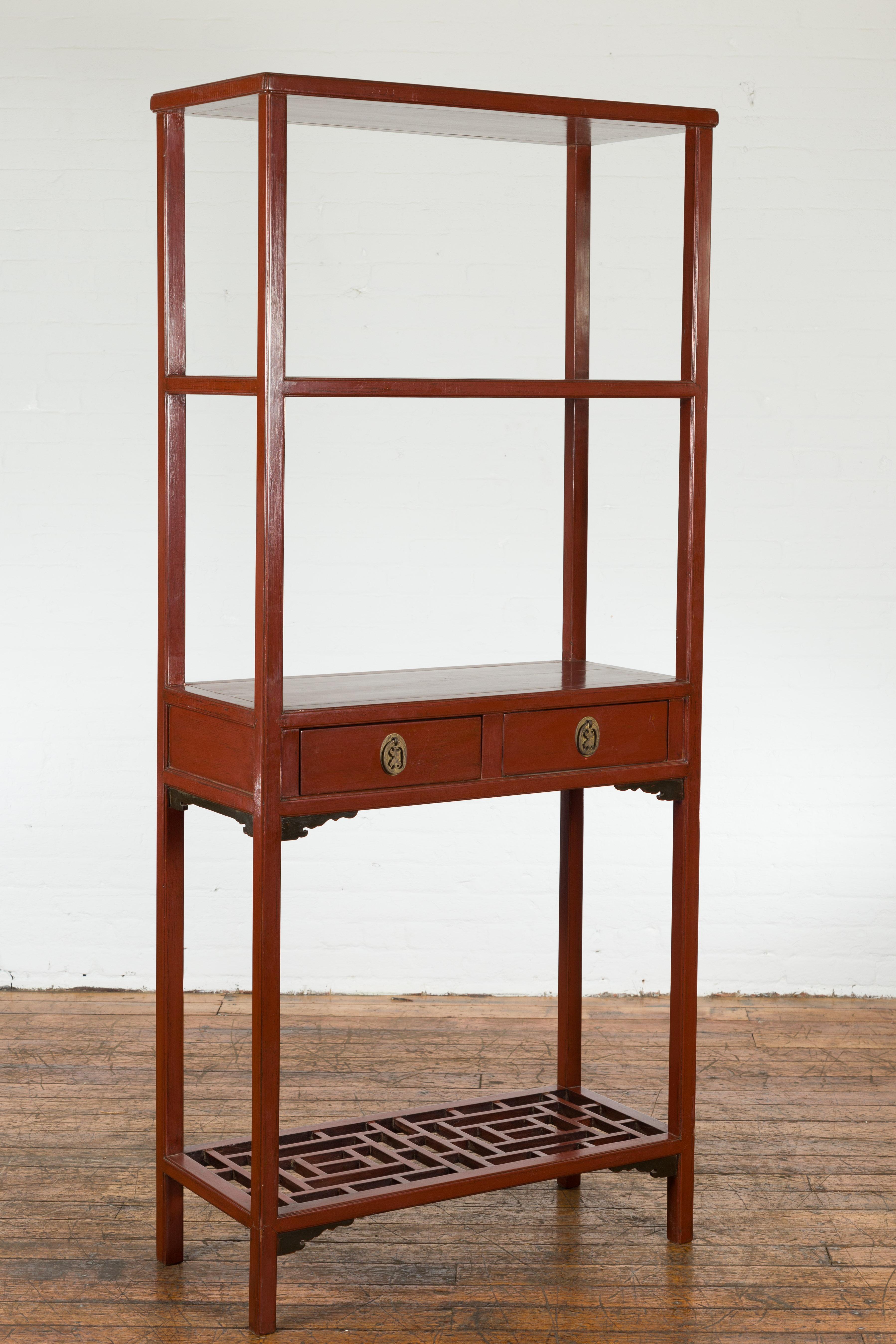 Carved Late Qing Dynasty Red Open Bookshelf with Drawers and Fretwork Shelf