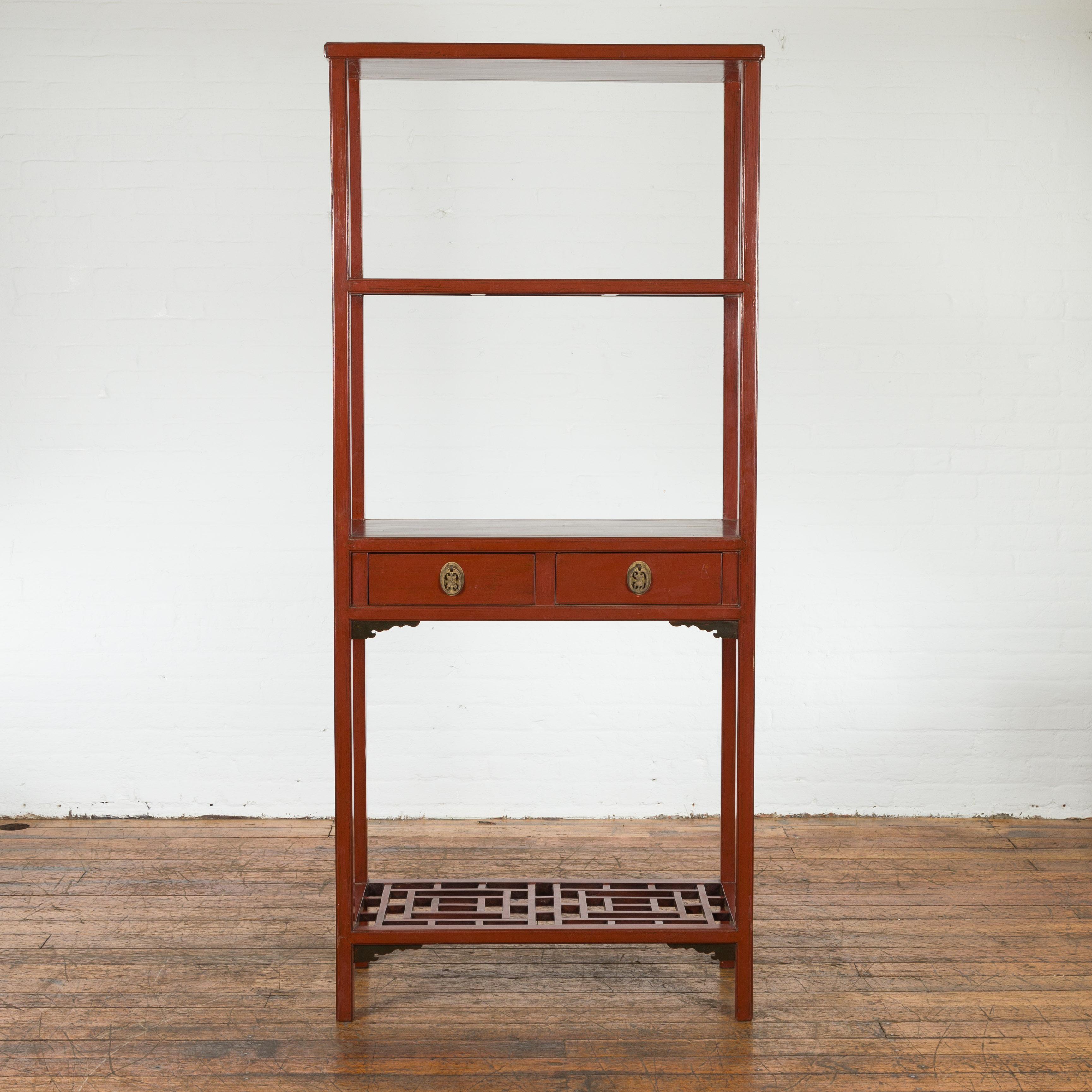 20th Century Late Qing Dynasty Red Open Bookshelf with Drawers and Fretwork Shelf For Sale