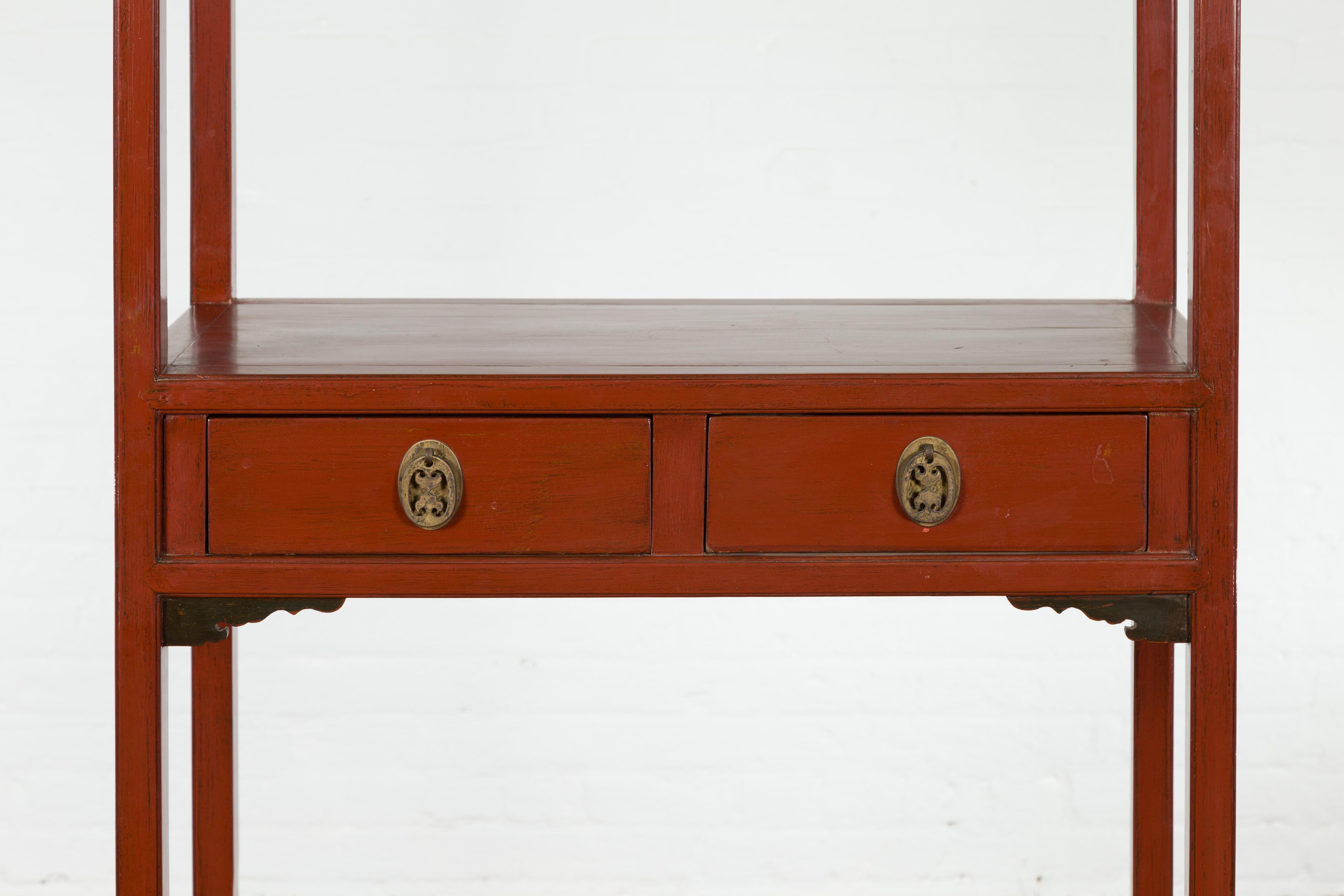 Late Qing Dynasty Red Open Bookshelf with Drawers and Fretwork Shelf For Sale 2