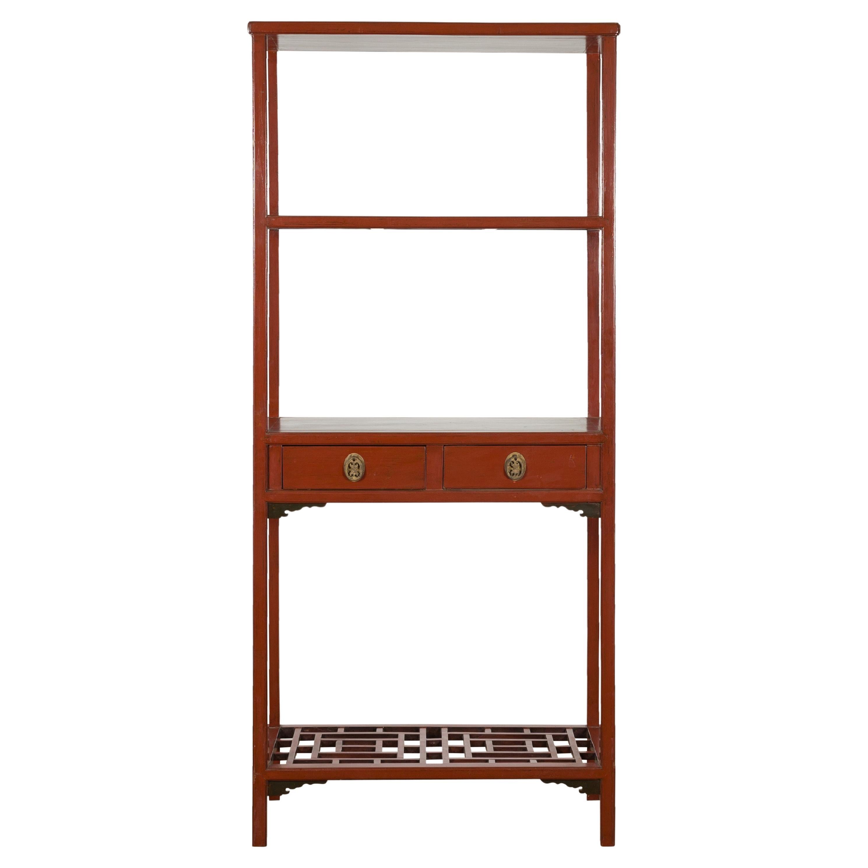 Late Qing Dynasty Red Open Bookshelf with Drawers and Fretwork Shelf