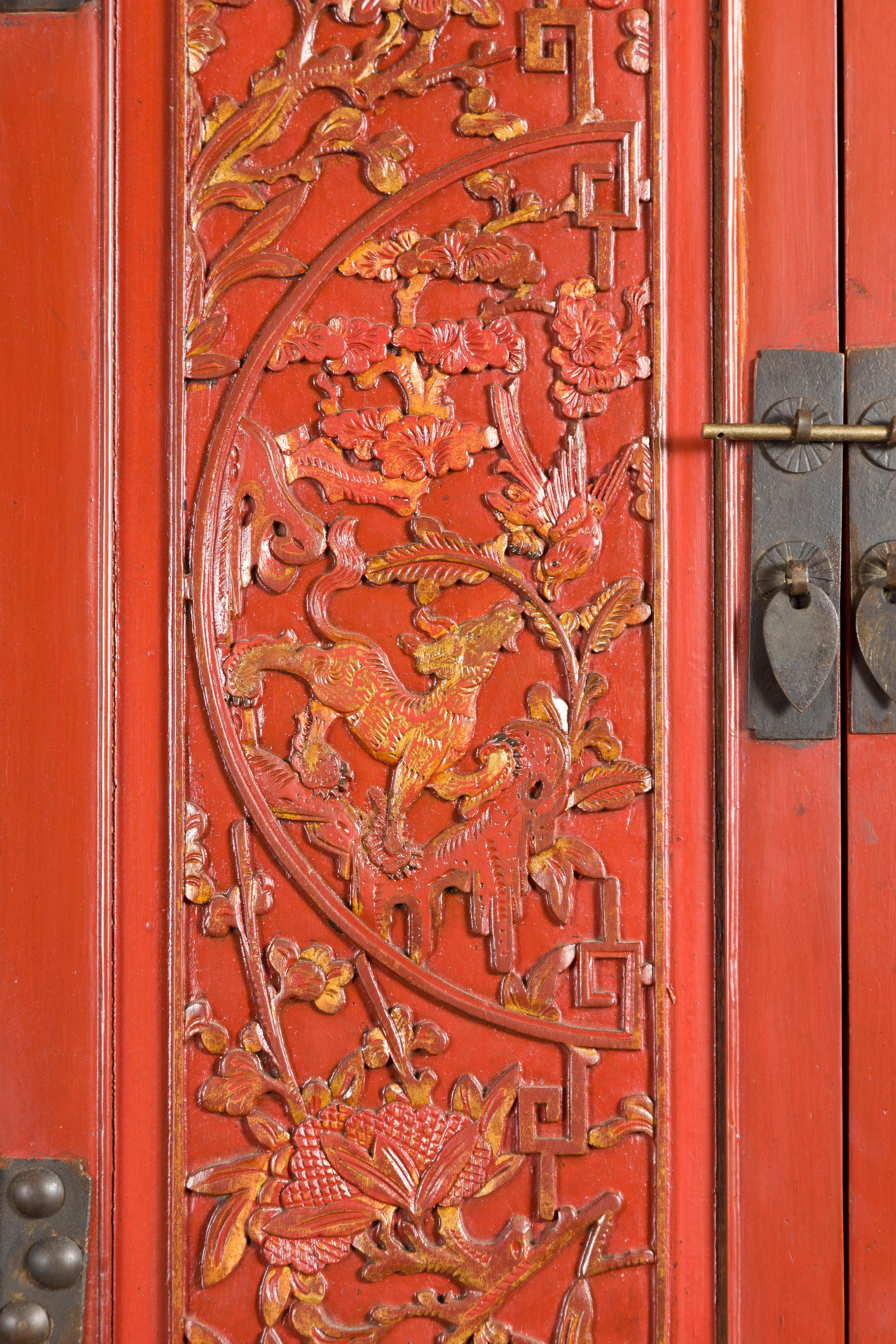 Late Qing Dynasty  Red Lacquer Cabinet with Butterfly Hardware For Sale 3