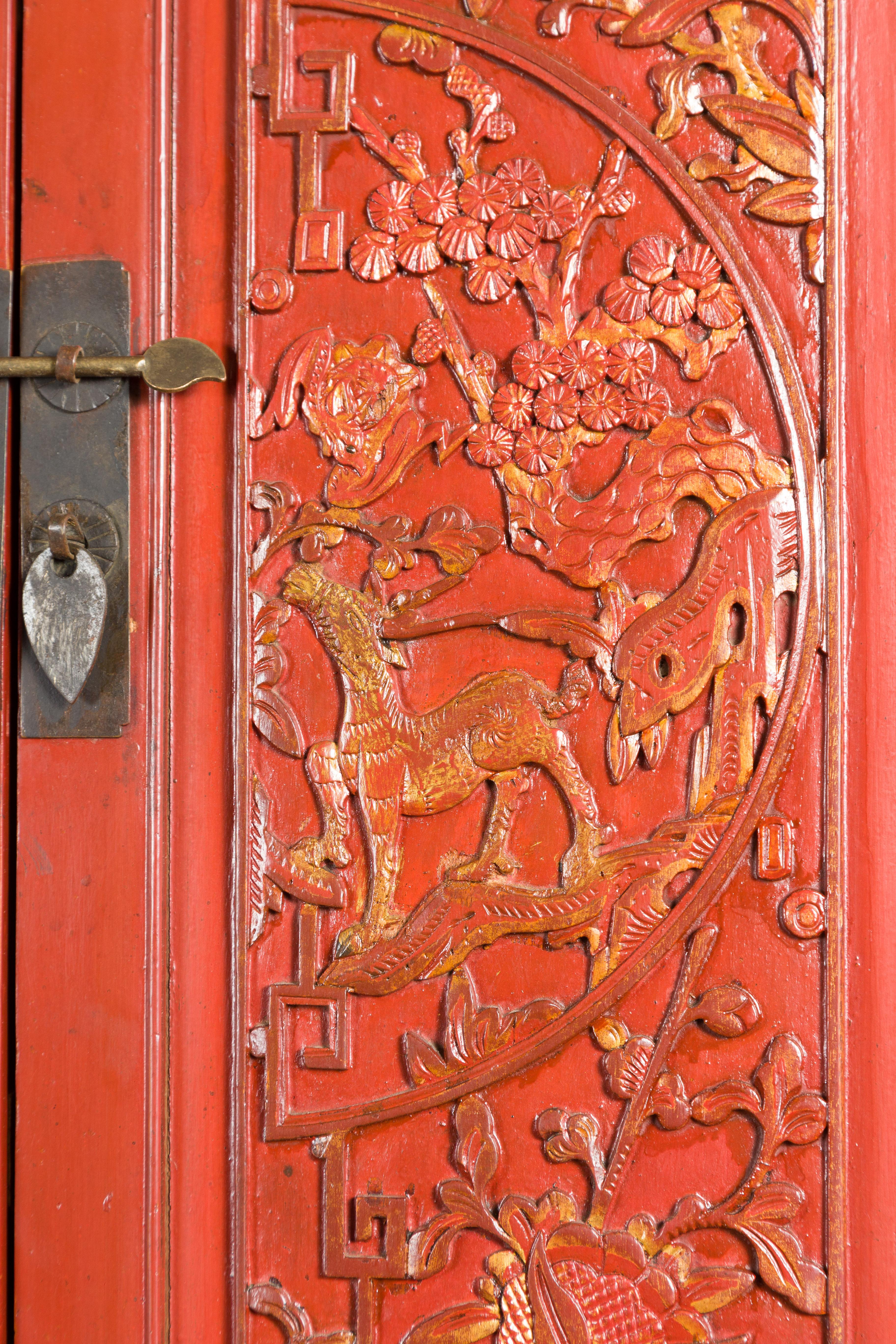Late Qing Dynasty  Red Lacquer Cabinet with Butterfly Hardware For Sale 4